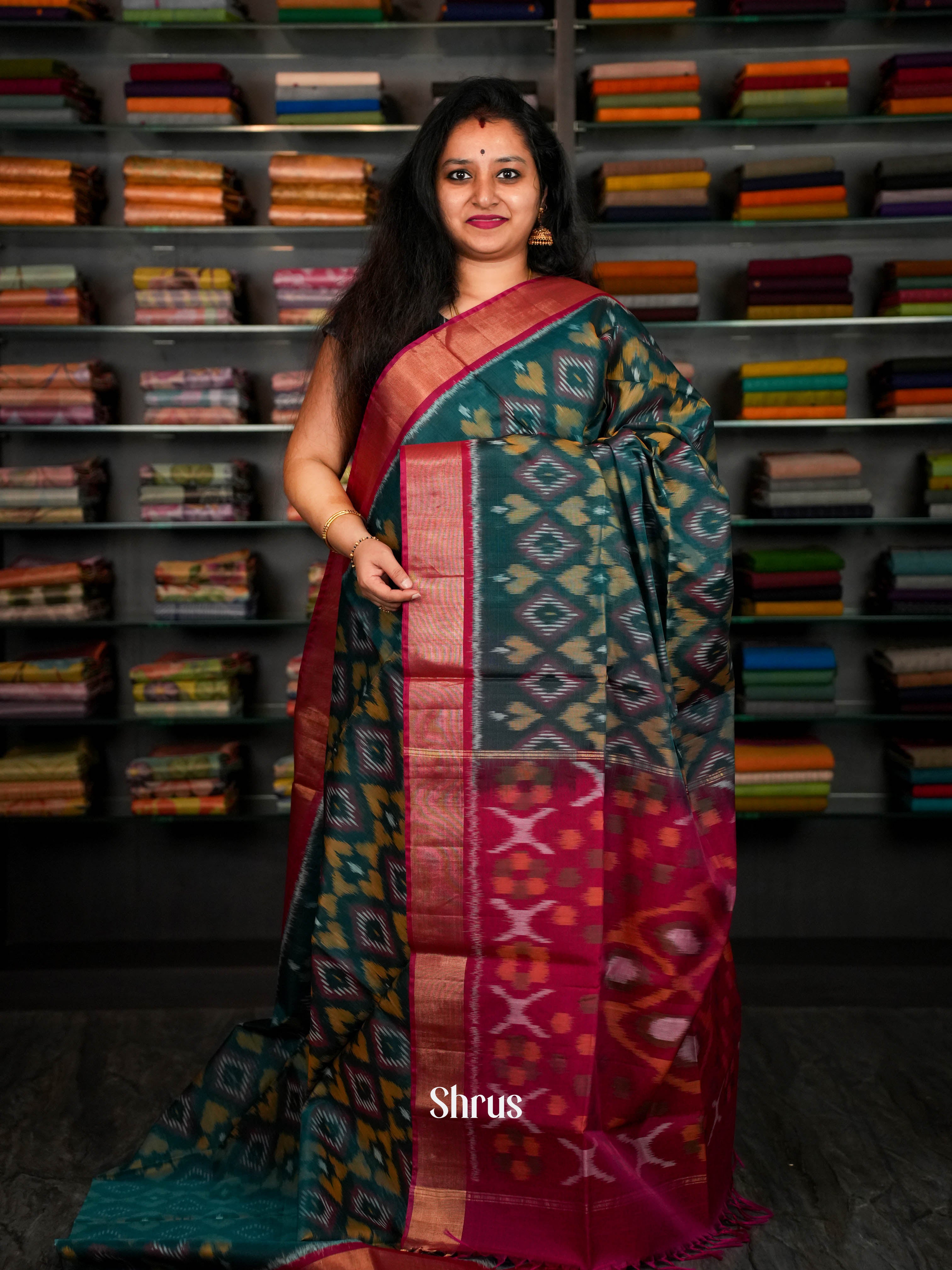 Green & Rosy Red - Pochampally sico Saree - Shop on ShrusEternity.com