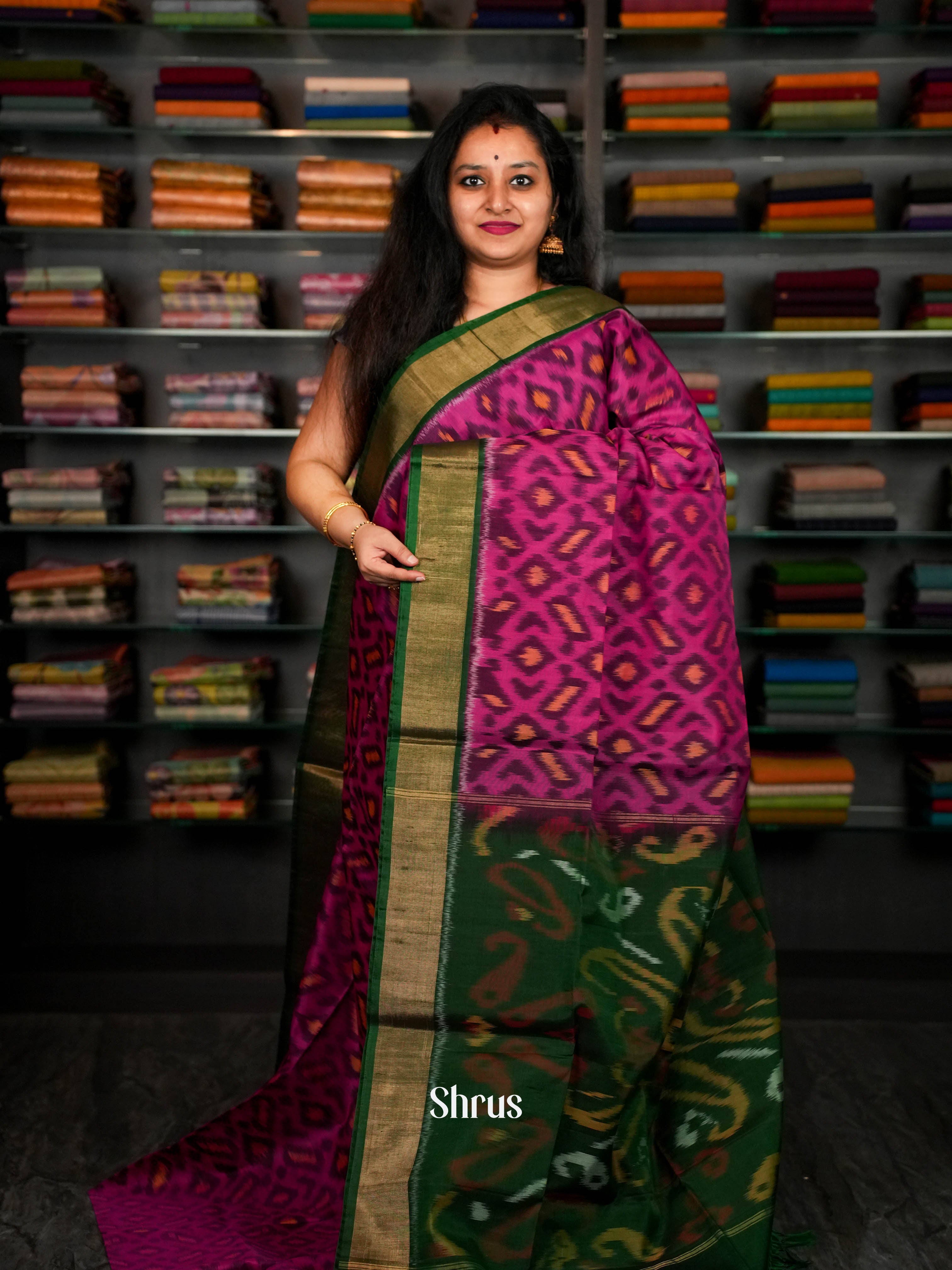 Rosy Pink & Green - Pochampally sico Saree - Shop on ShrusEternity.com