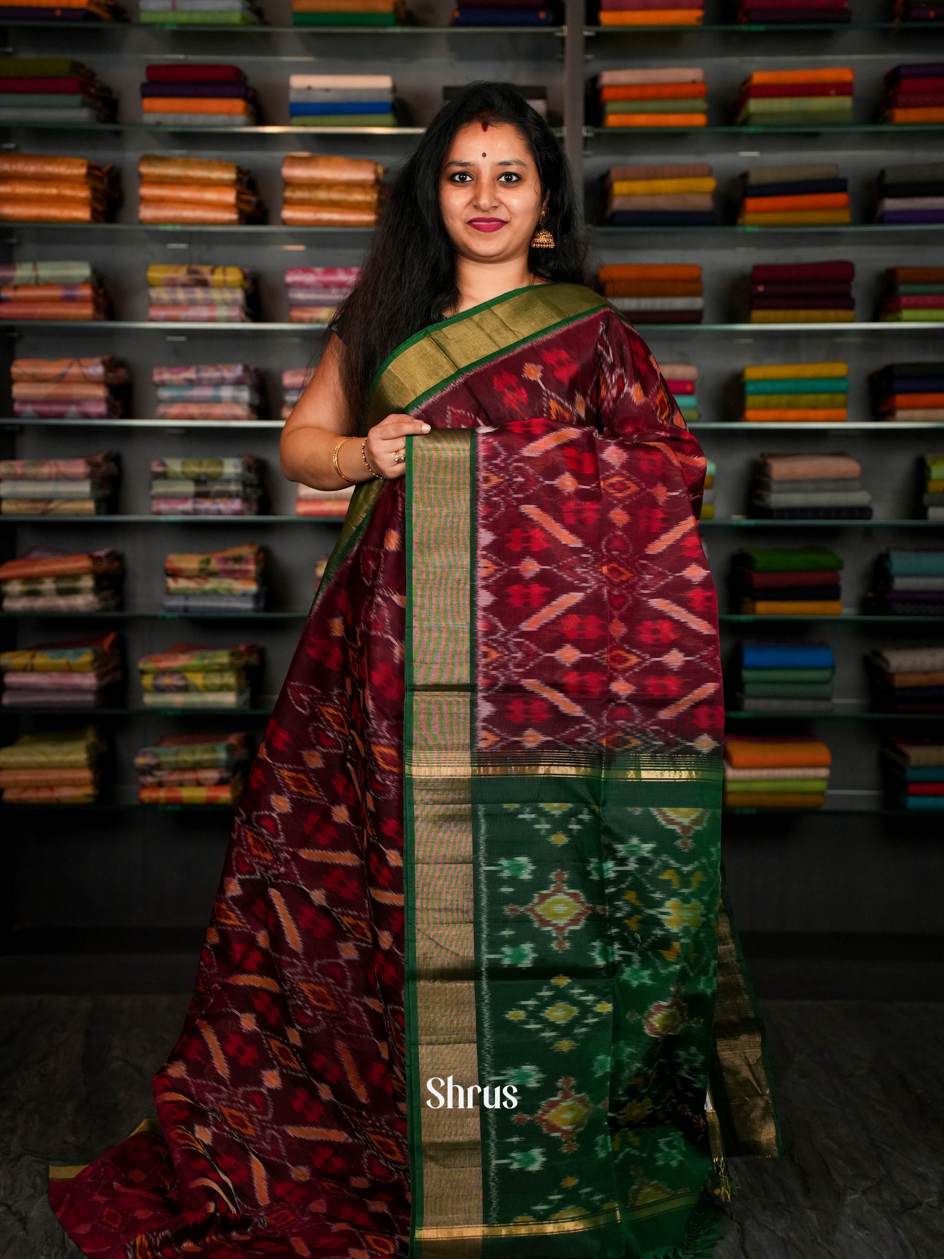 Maroon & Green - Pochampally sico Saree - Shop on ShrusEternity.com