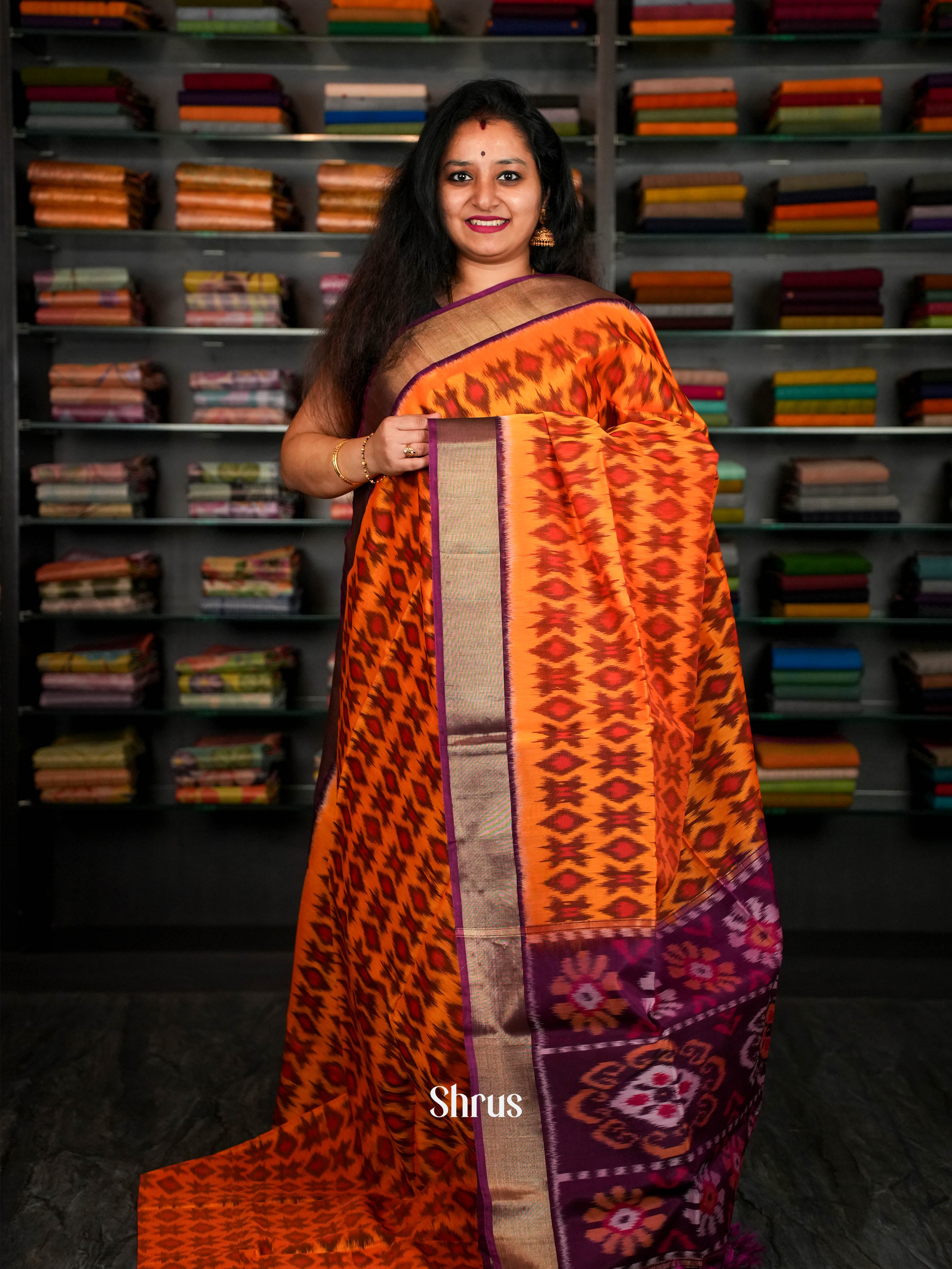 Yellowish Orange & Deep Orchid - Pochampally sico Saree - Shop on ShrusEternity.com