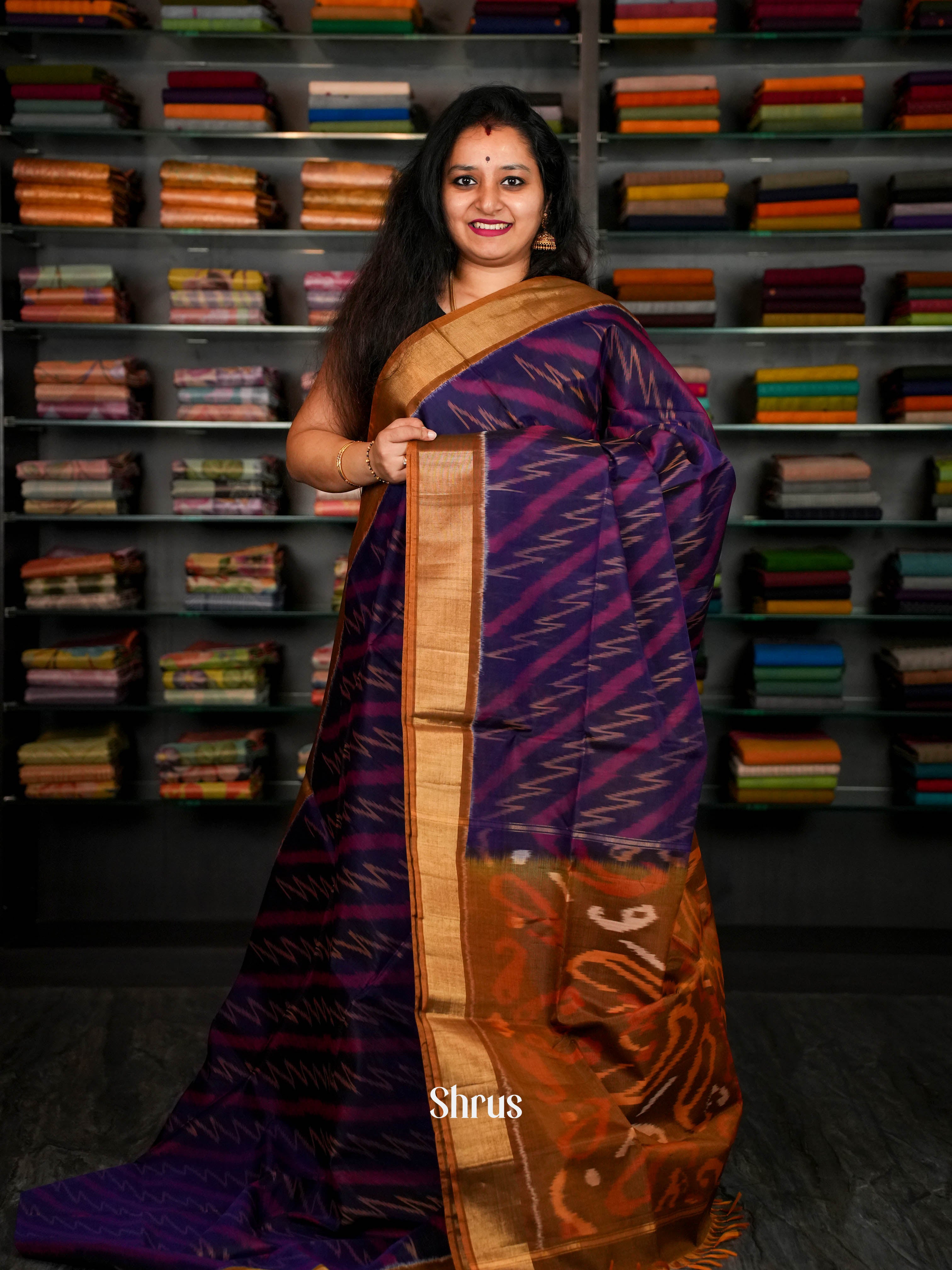 Indigo & Brown - Pochampally sico Saree - Shop on ShrusEternity.com
