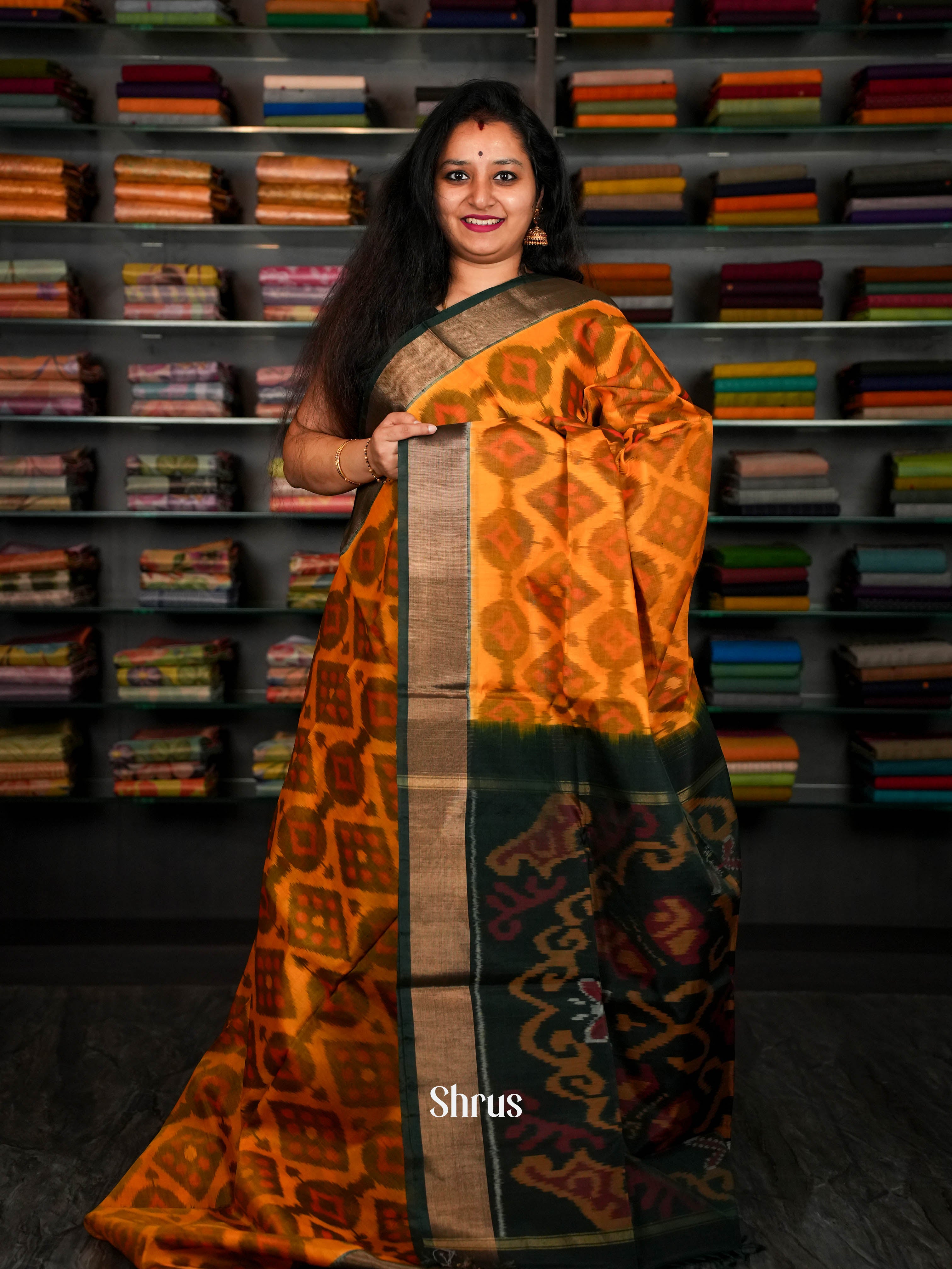 Golden Orange &Deep Green - Pochampally sico Saree - Shop on ShrusEternity.com