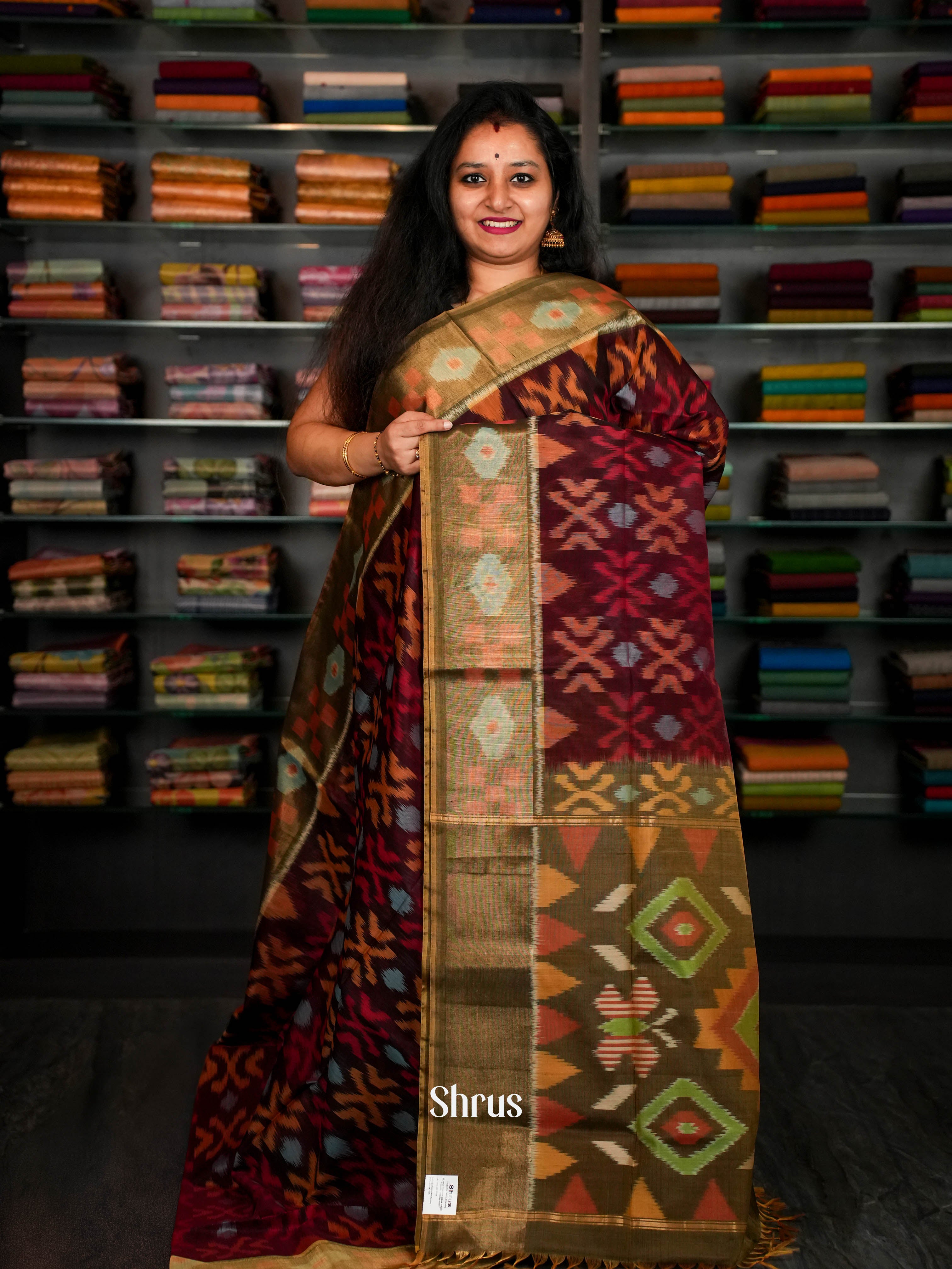 Deep Maroon & Olive Green - Pochampally sico - Shop on ShrusEternity.com