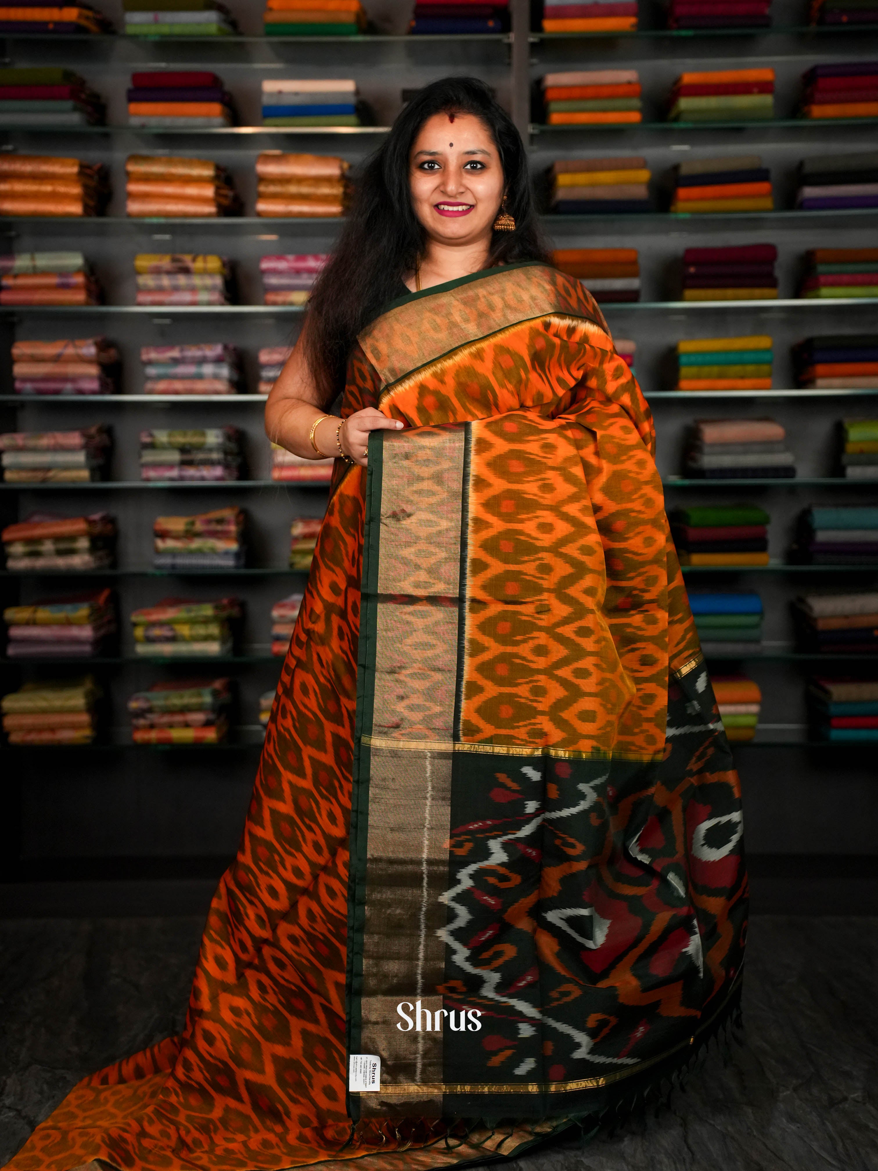 Orange & Dark Green - Pochampally sico Saree - Shop on ShrusEternity.com