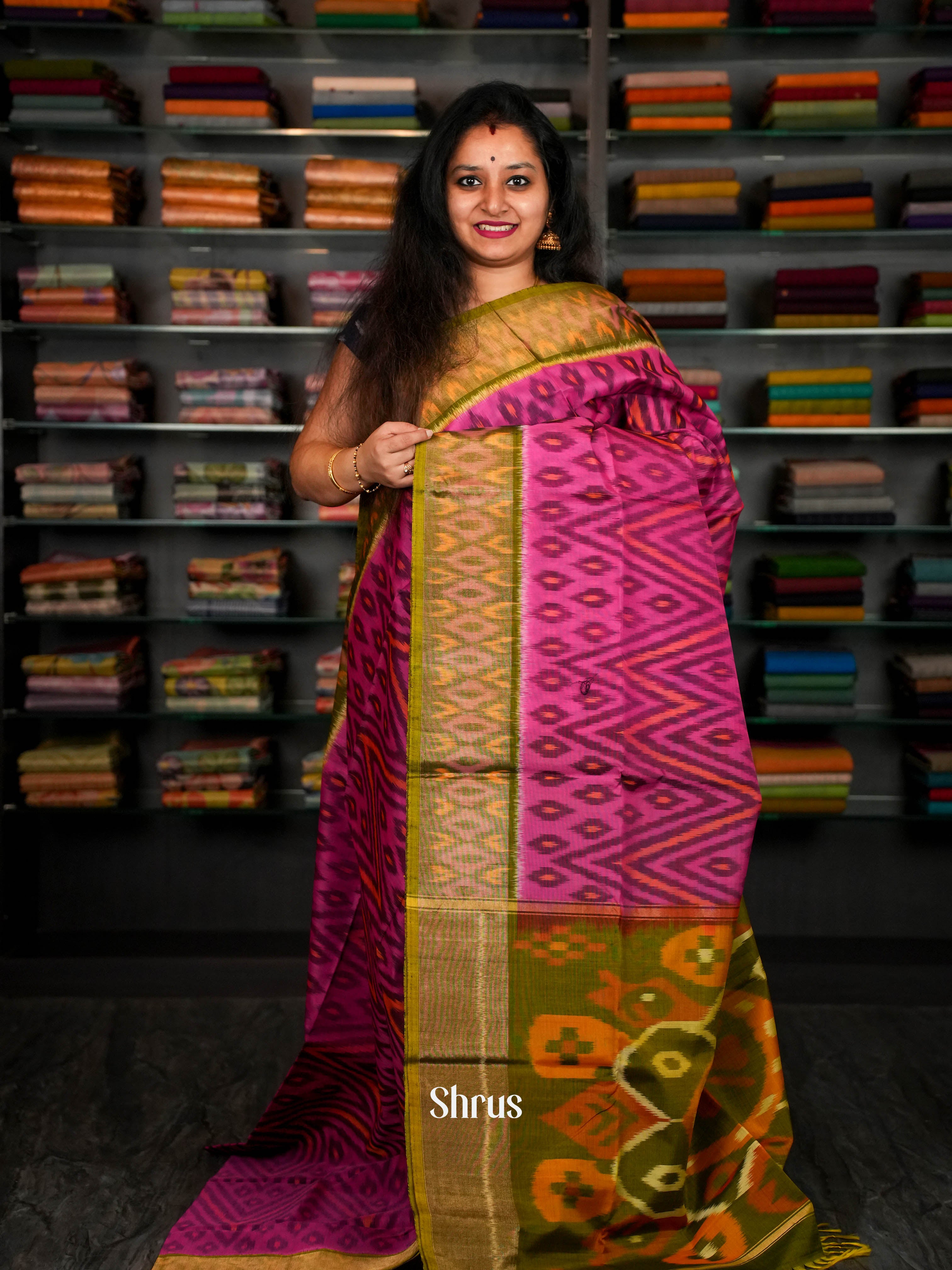 Rosy Pink & Olive Green - Pochampally sico Saree - Shop on ShrusEternity.com