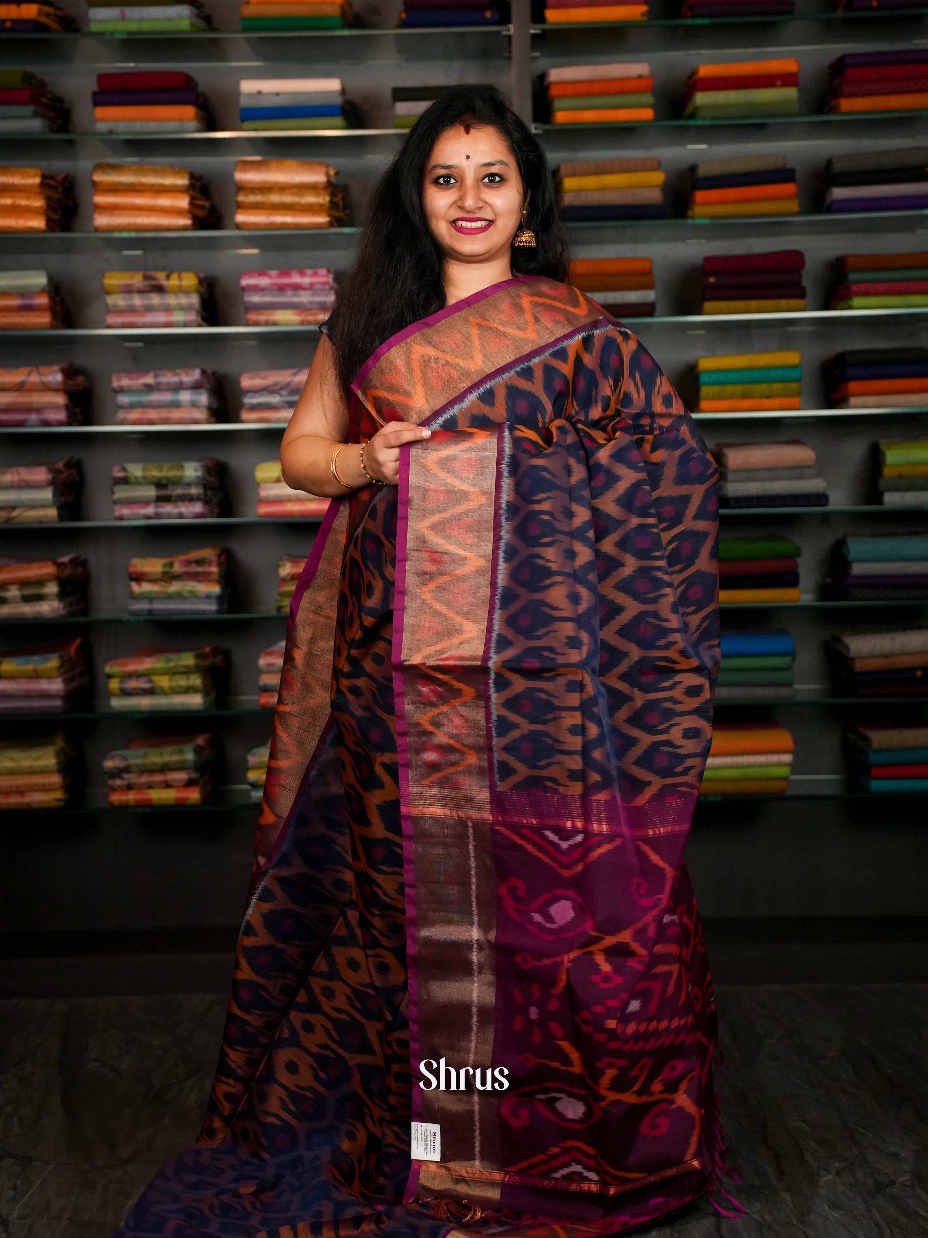 Navy Blue & Pink - Pochampally sico Saree - Shop on ShrusEternity.com