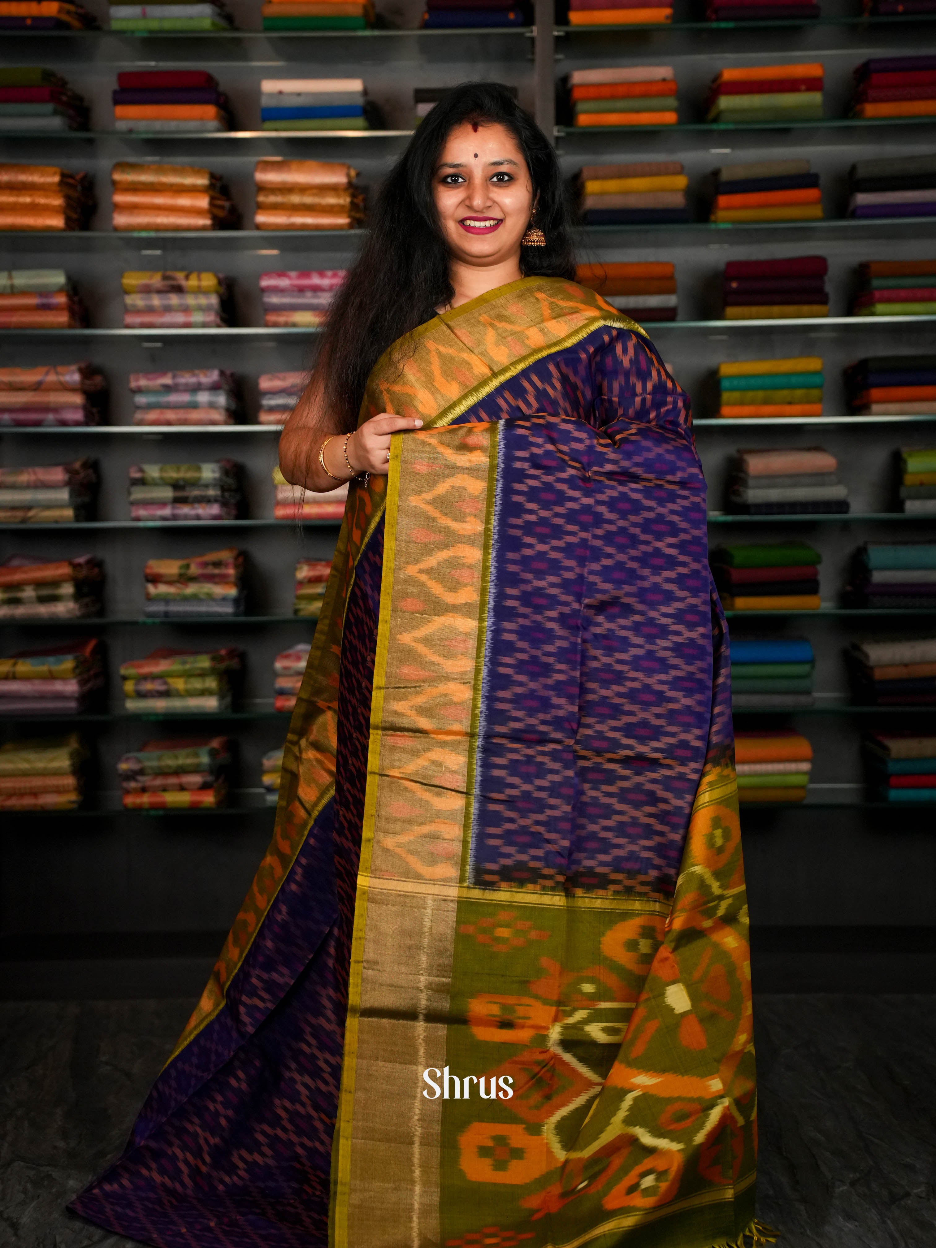 Blue & Olive Green - Pochampally sico Saree - Shop on ShrusEternity.com