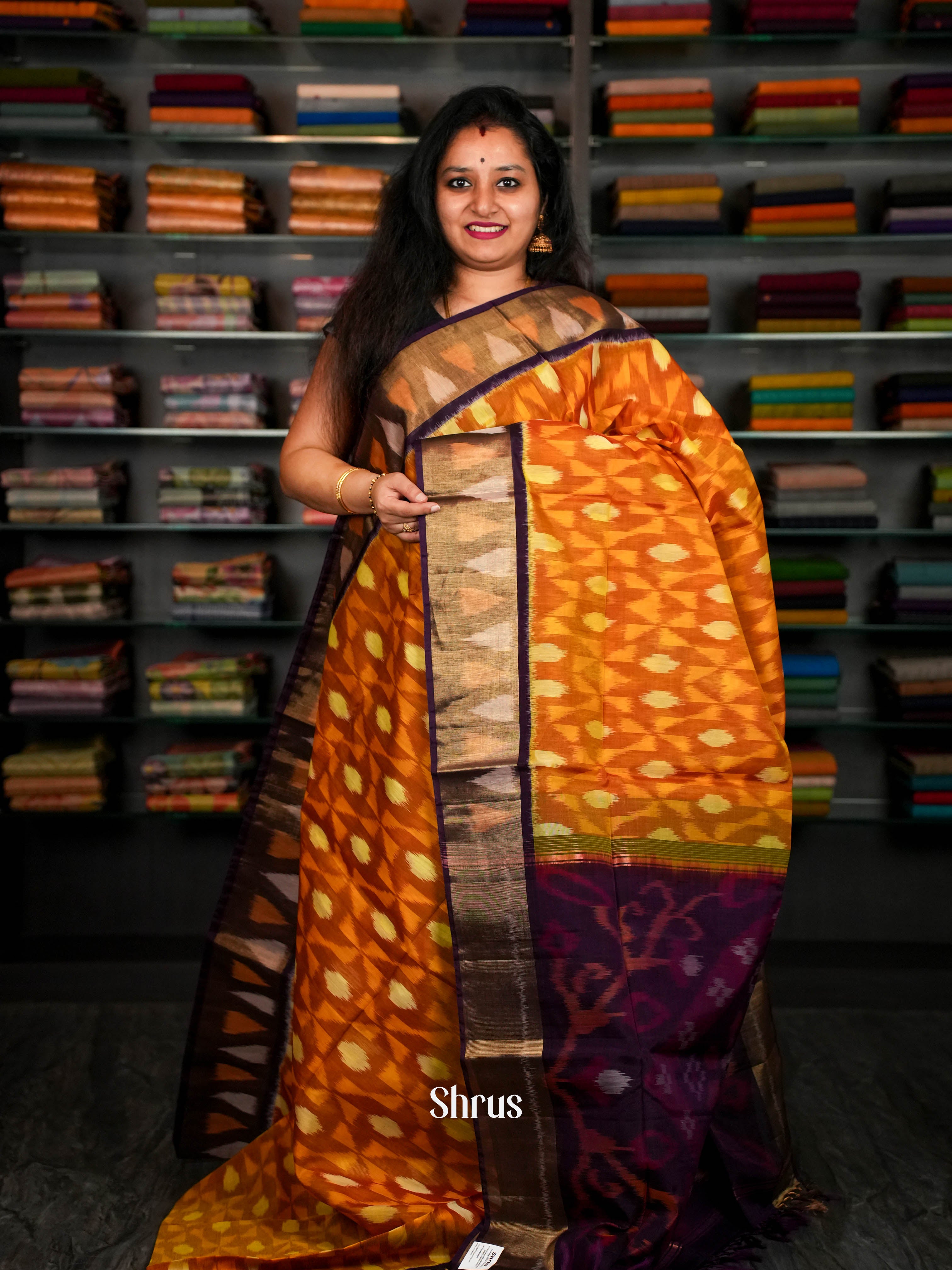 Orange & Indigo - Pochampally sico Saree - Shop on ShrusEternity.com