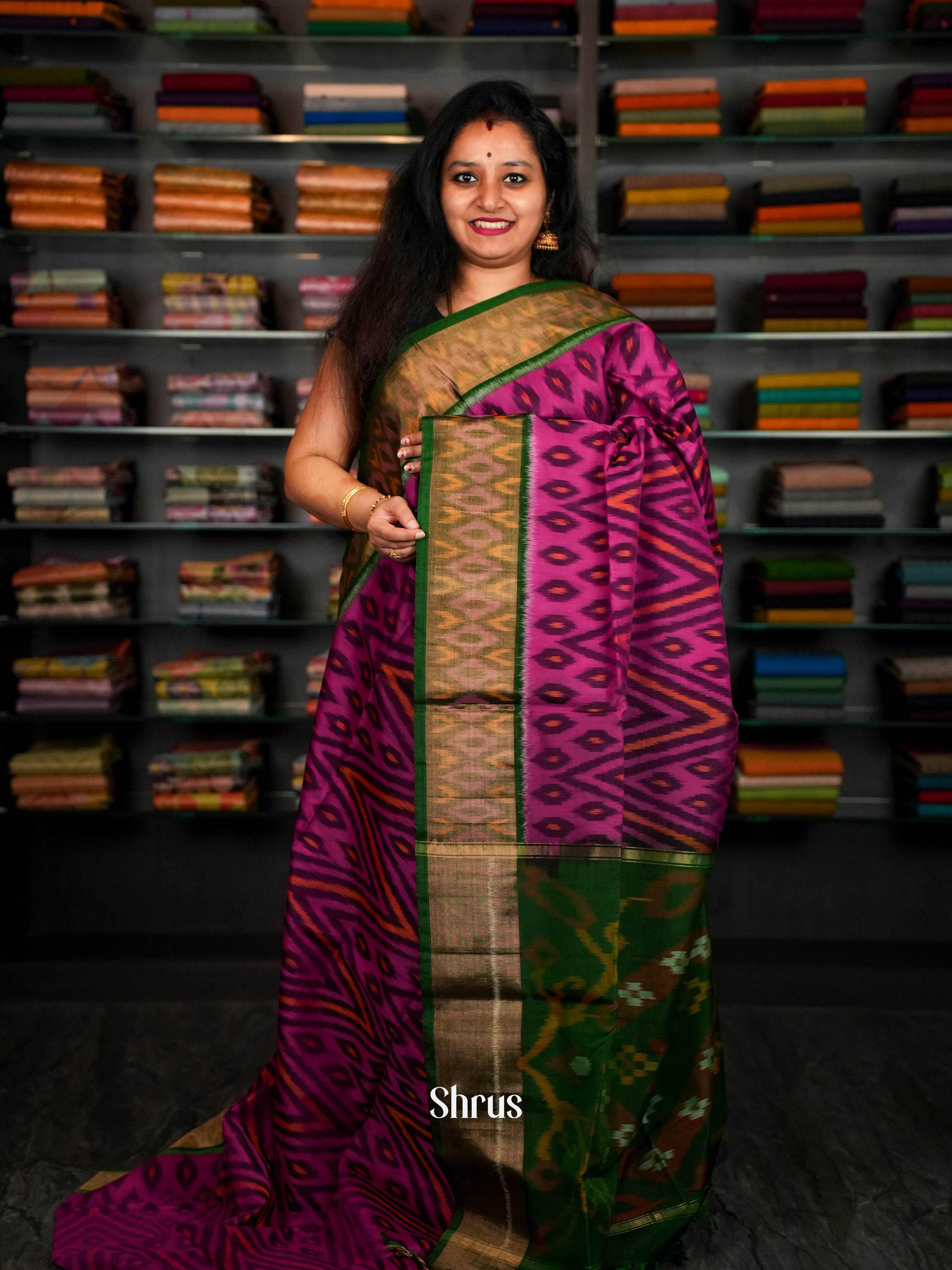 Rosy Pink & Green - Pochampally sico Saree - Shop on ShrusEternity.com