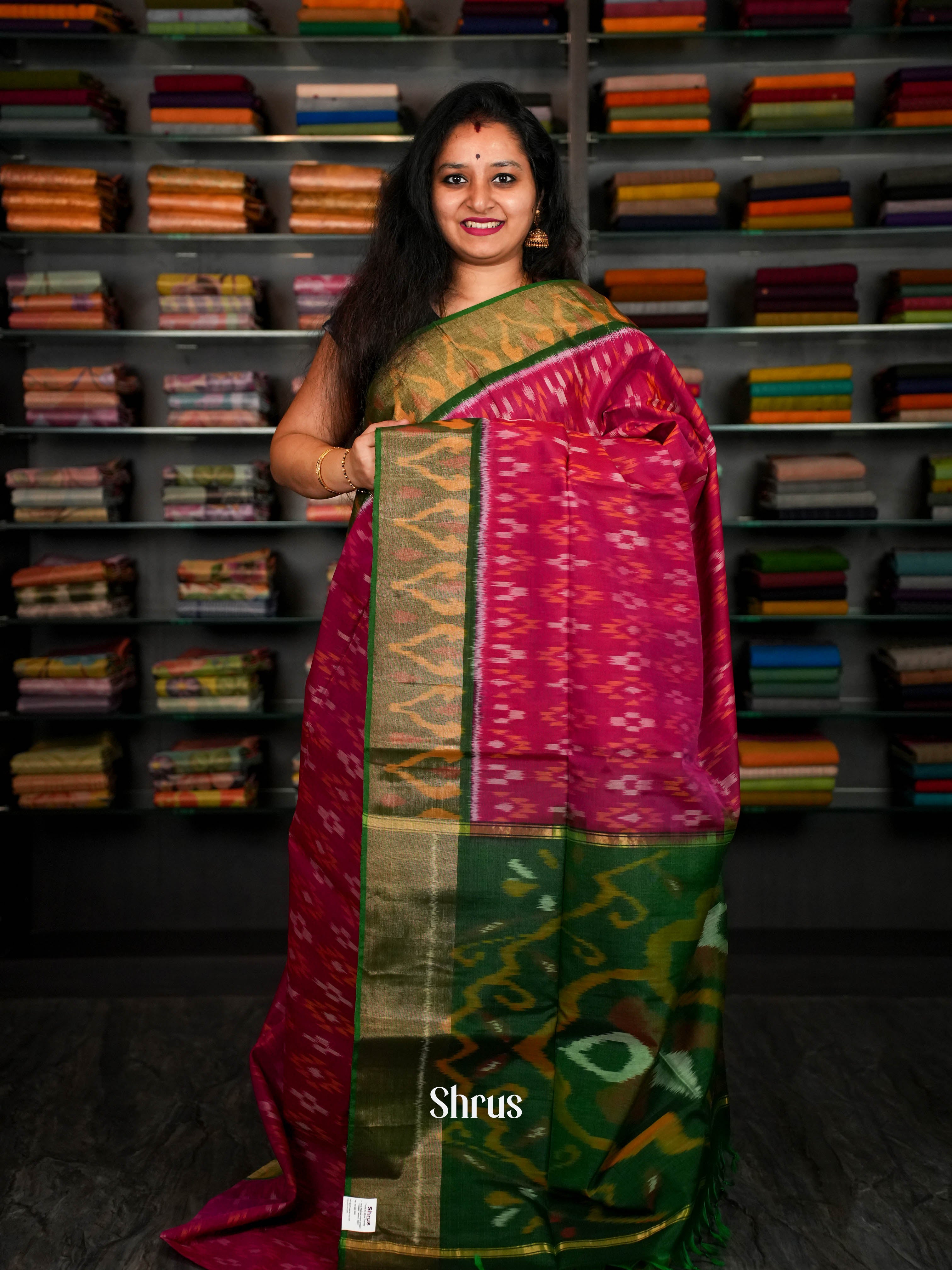 Rosy Red & Green - Pochampally sico Saree - Shop on ShrusEternity.com