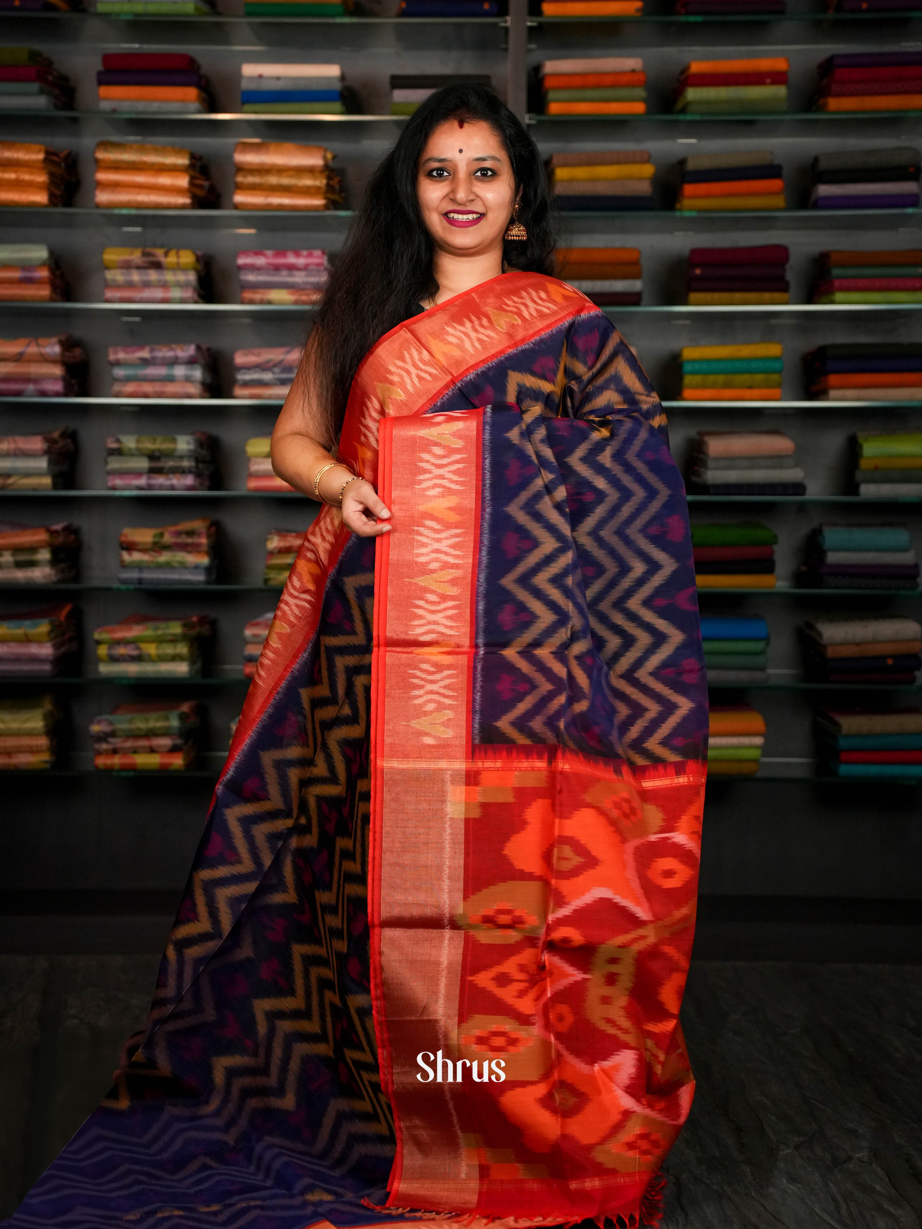 Indigo & Red - Pochampally sico Saree - Shop on ShrusEternity.com