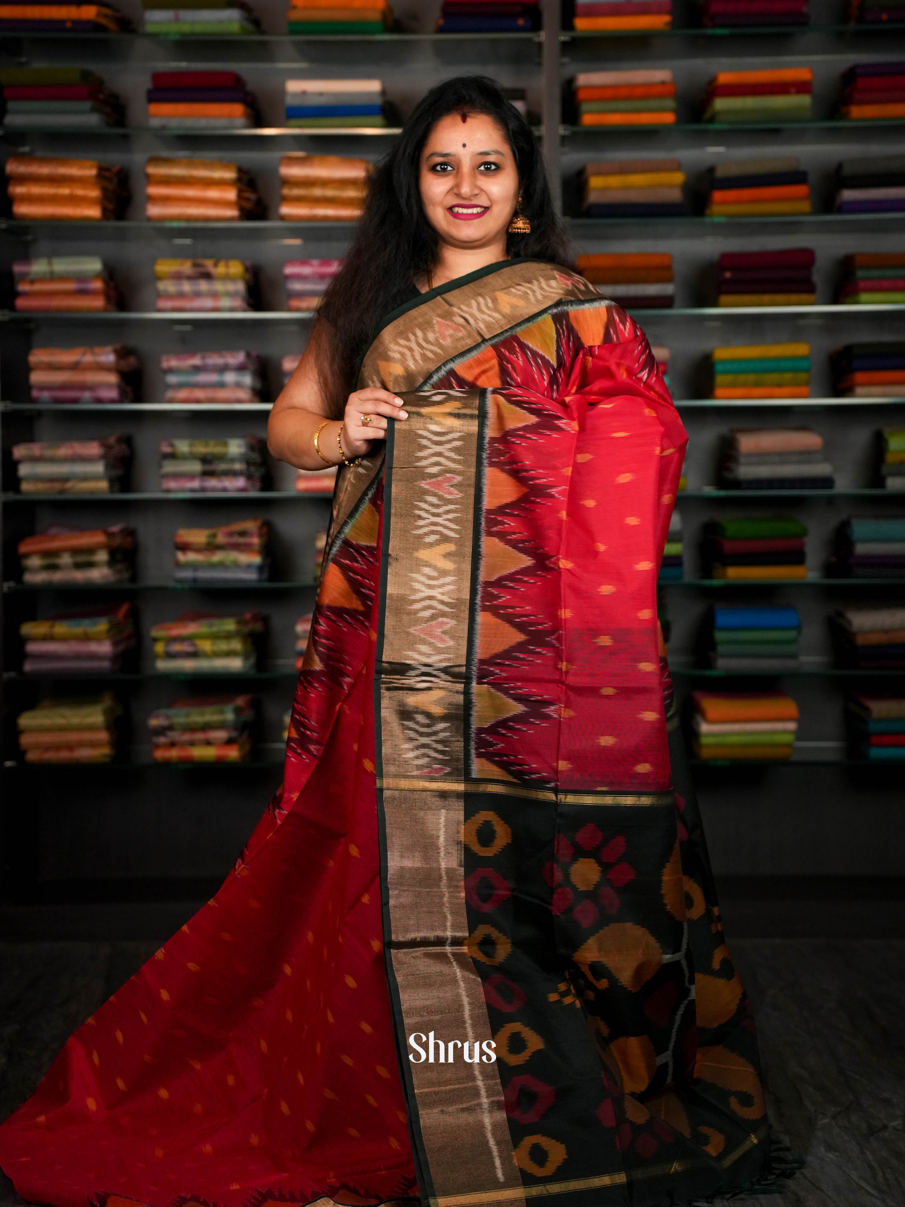 Red & Forest Green - Pochampally sico Saree - Shop on ShrusEternity.com
