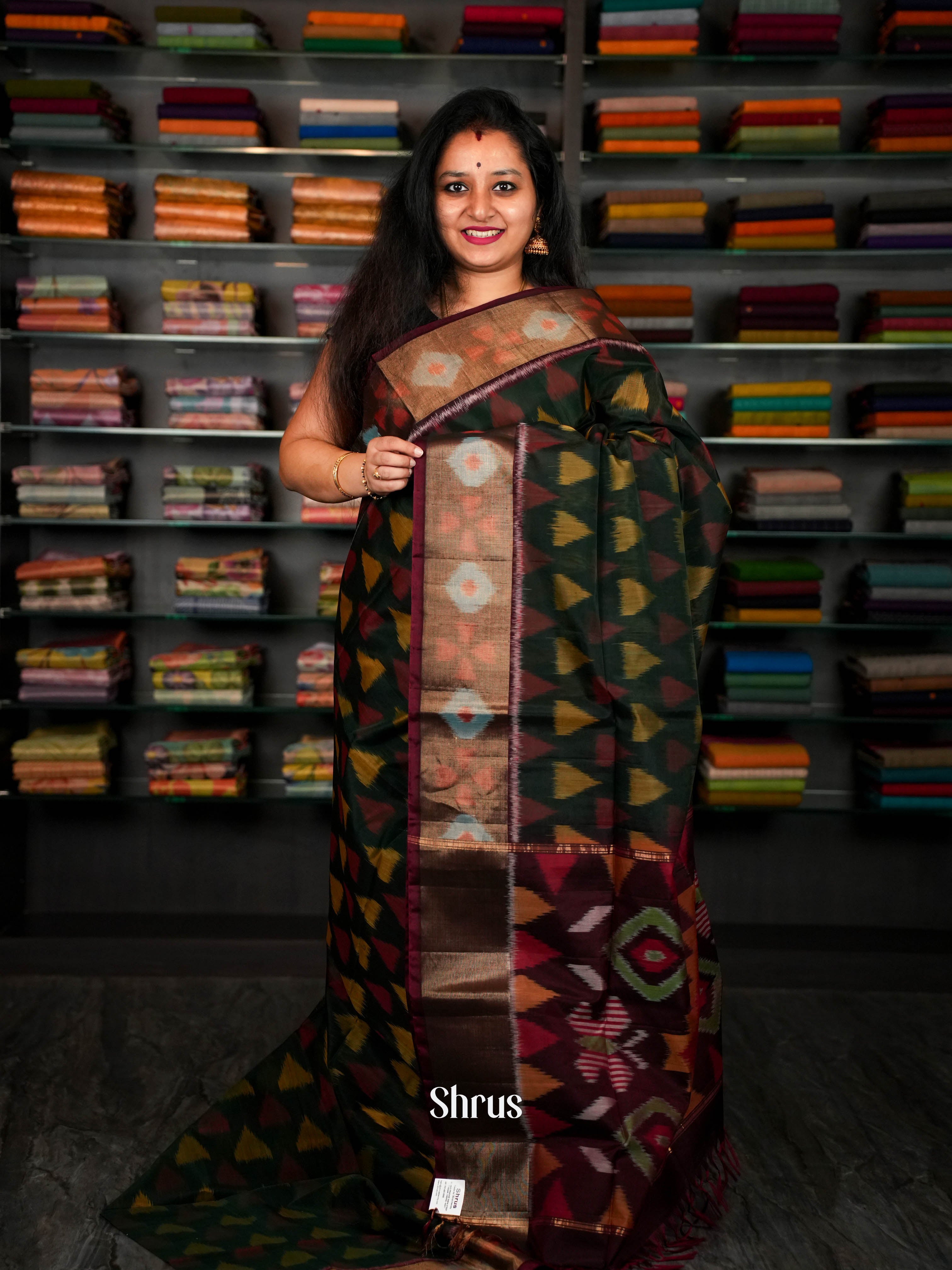Dark Green & Maroon - Pochampally sico Saree - Shop on ShrusEternity.com