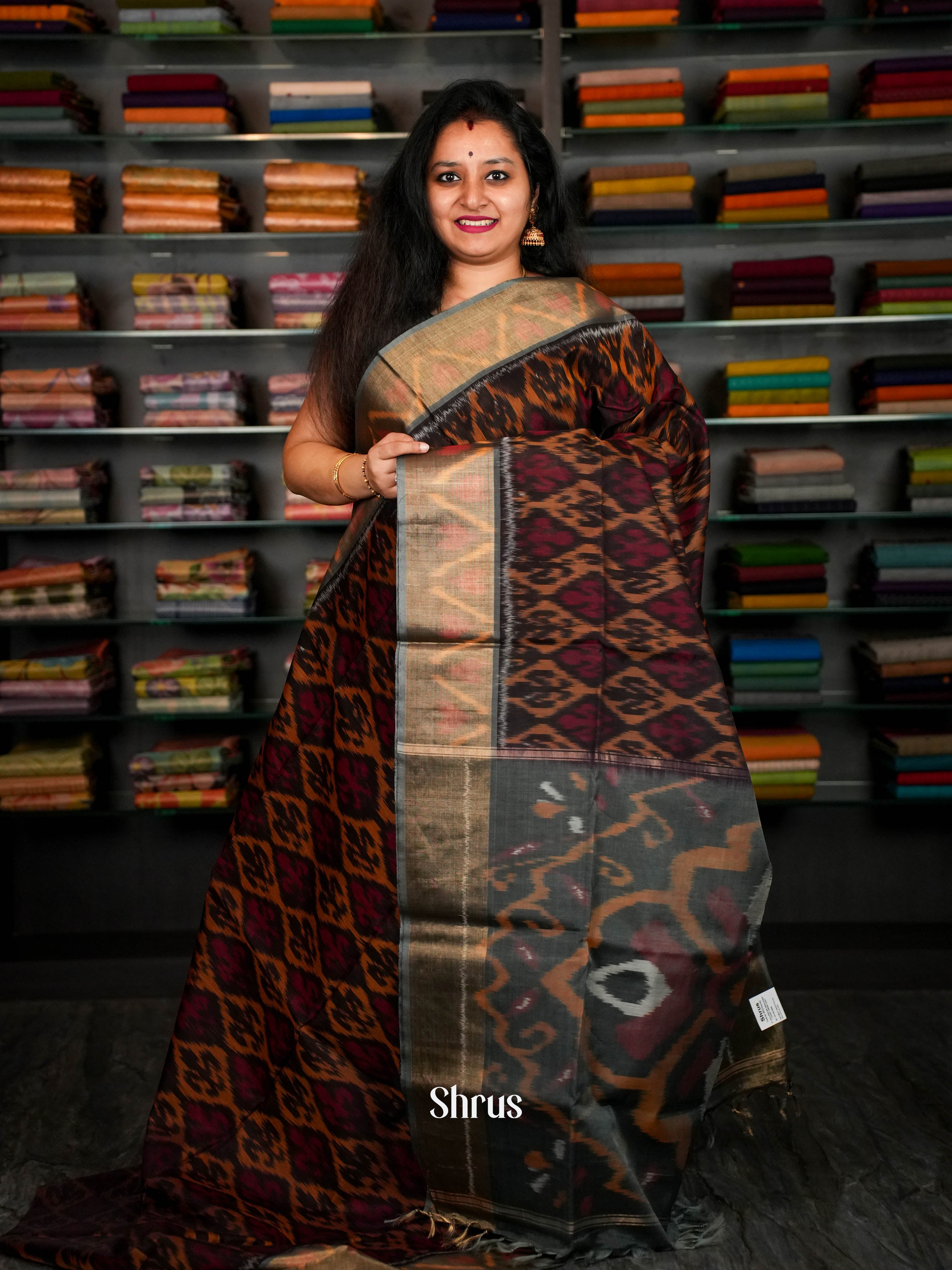 Maroon & Grey - Pochampally sico Saree - Shop on ShrusEternity.com