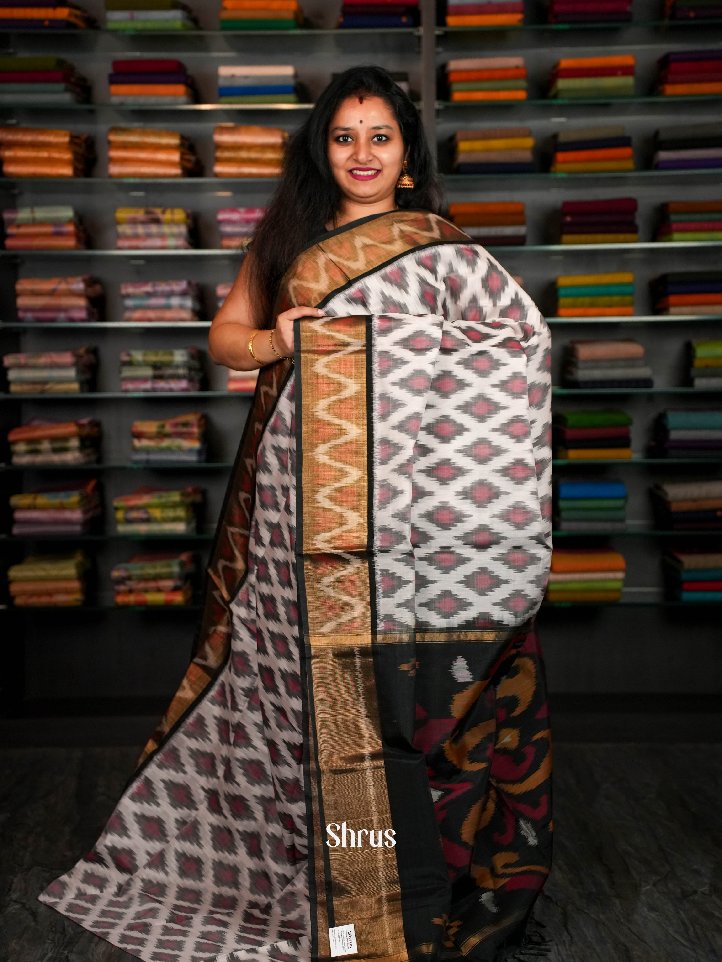 White & Black - Pochampally sico Saree - Shop on ShrusEternity.com