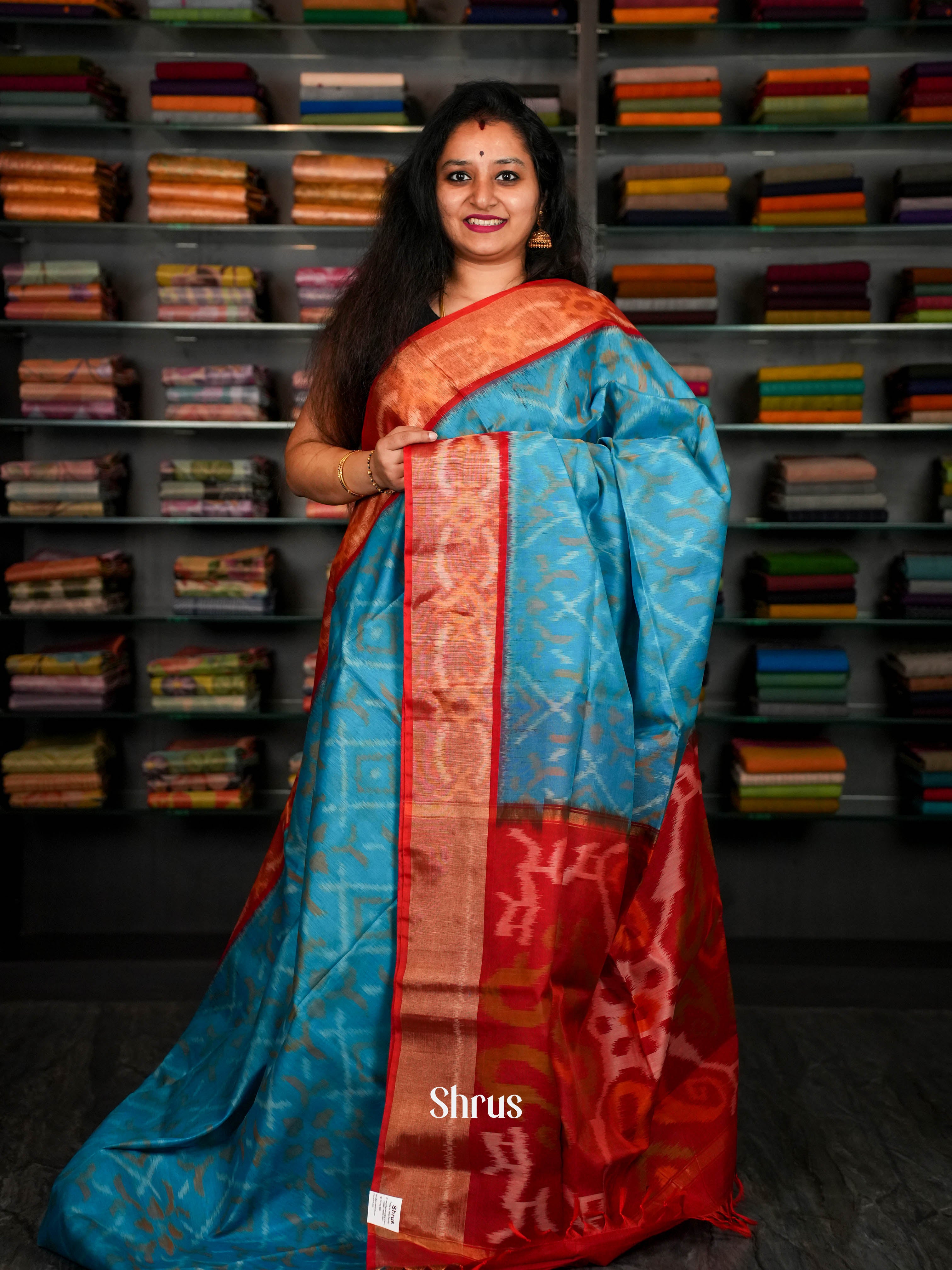 Aqua Blue & Red - Pochampally sico Saree - Shop on ShrusEternity.com