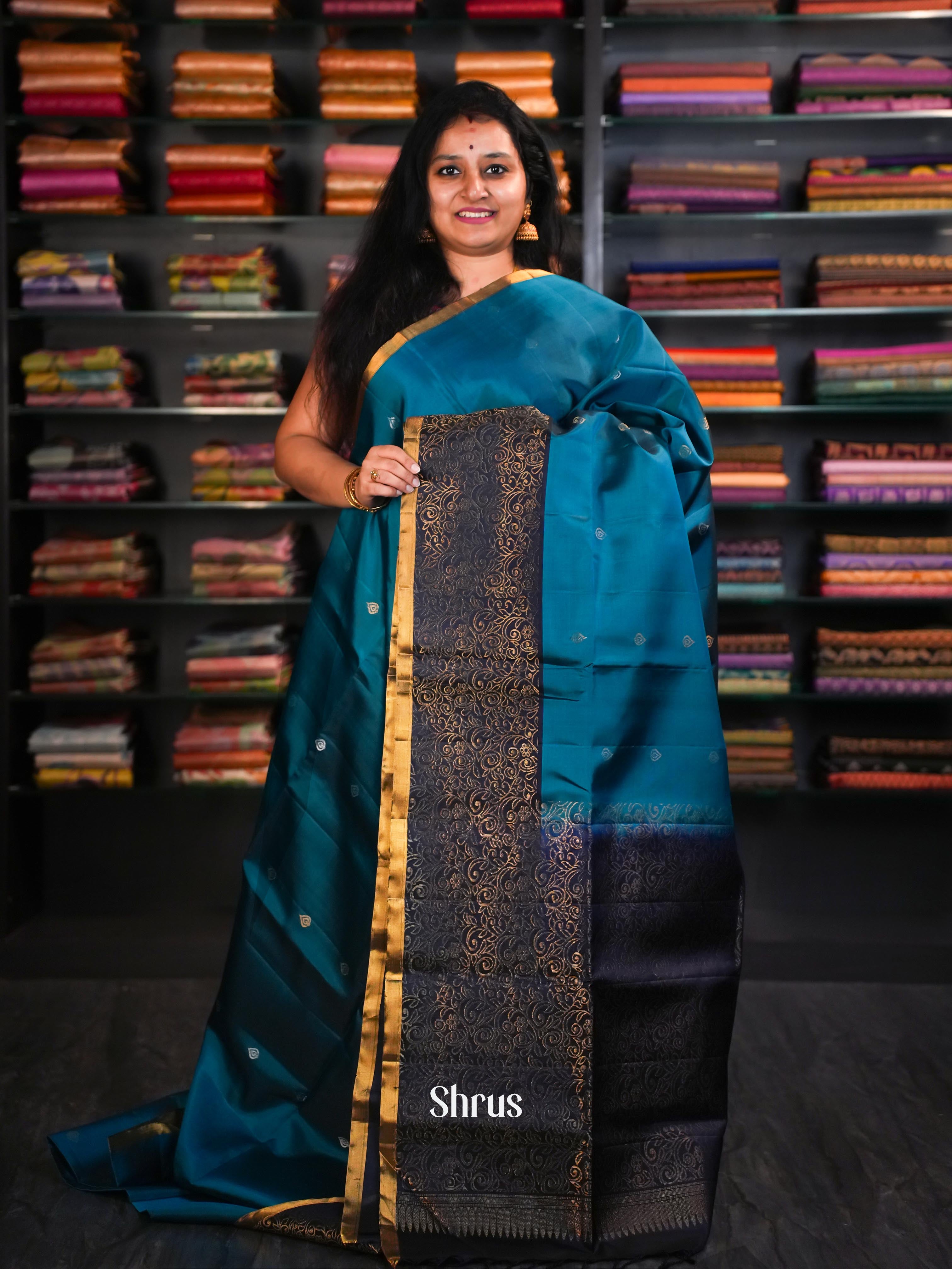 Greenish Blue & Deep Indigo - Soft Silk Saree - Shop on ShrusEternity.com