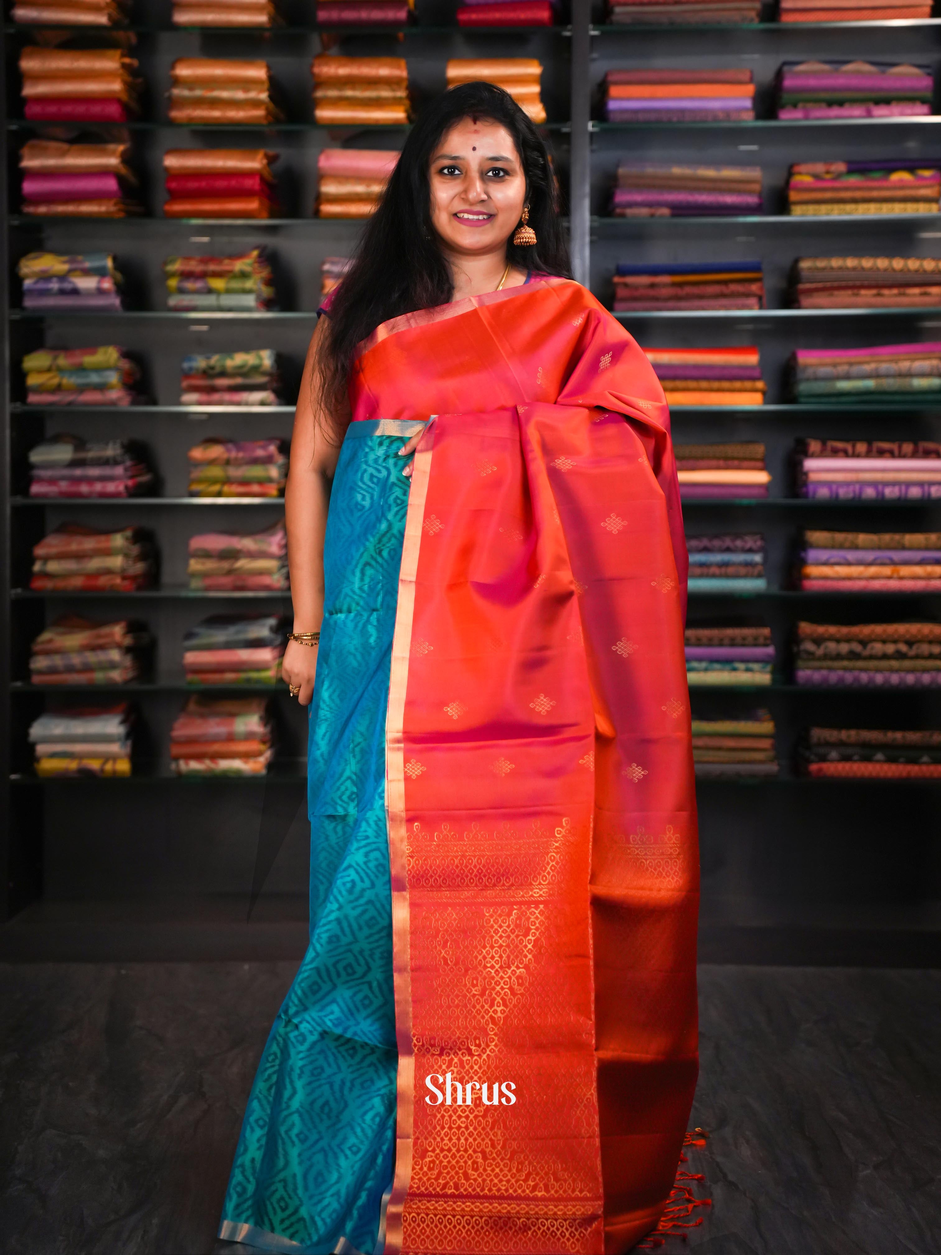 Double Shaded Rosy Red & Teal - Soft Silk Saree - Shop on ShrusEternity.com