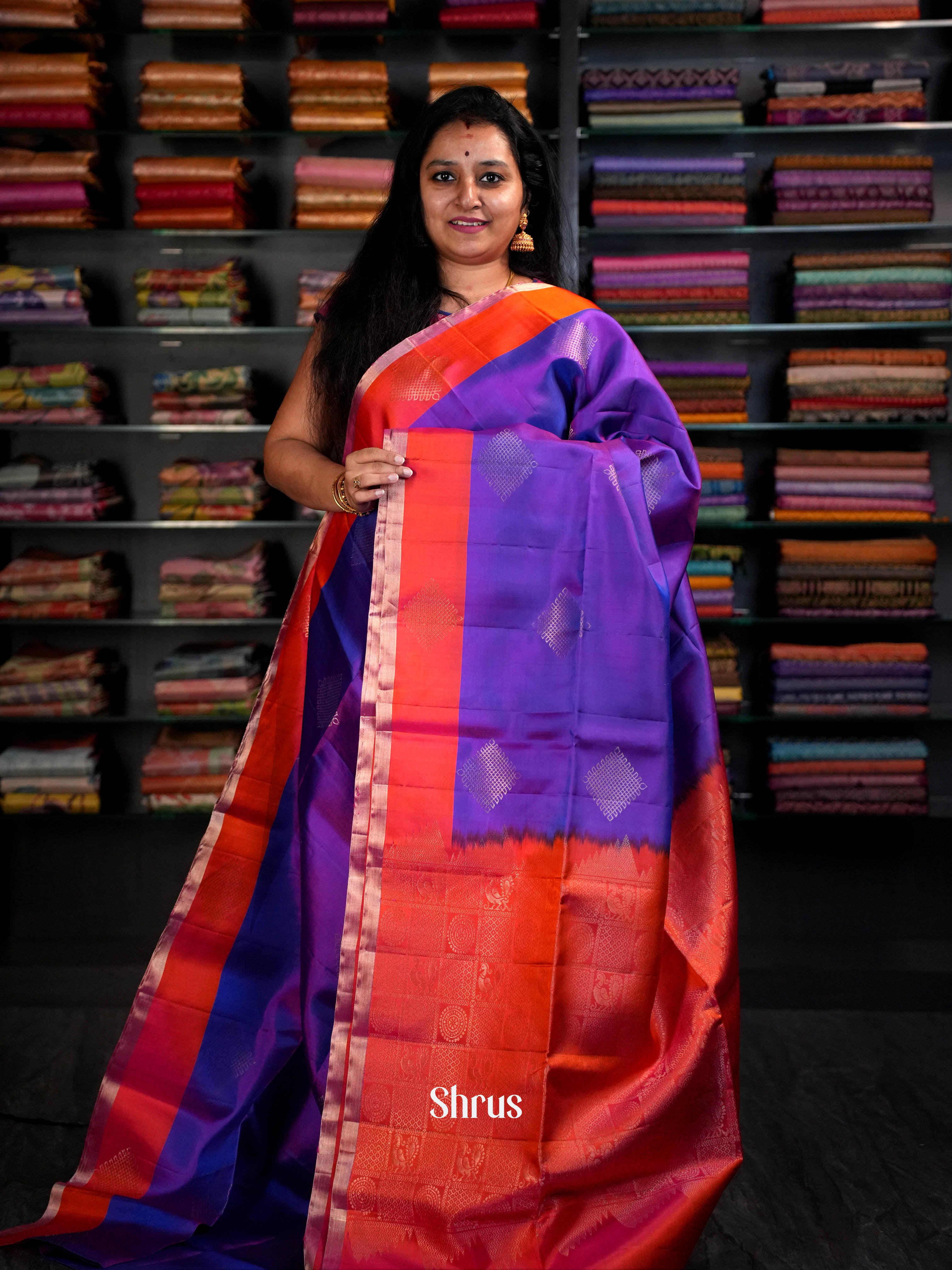 Double Shaded Peachy Pink & Double Shaded Purple - Soft Silk Saree - Shop on ShrusEternity.com