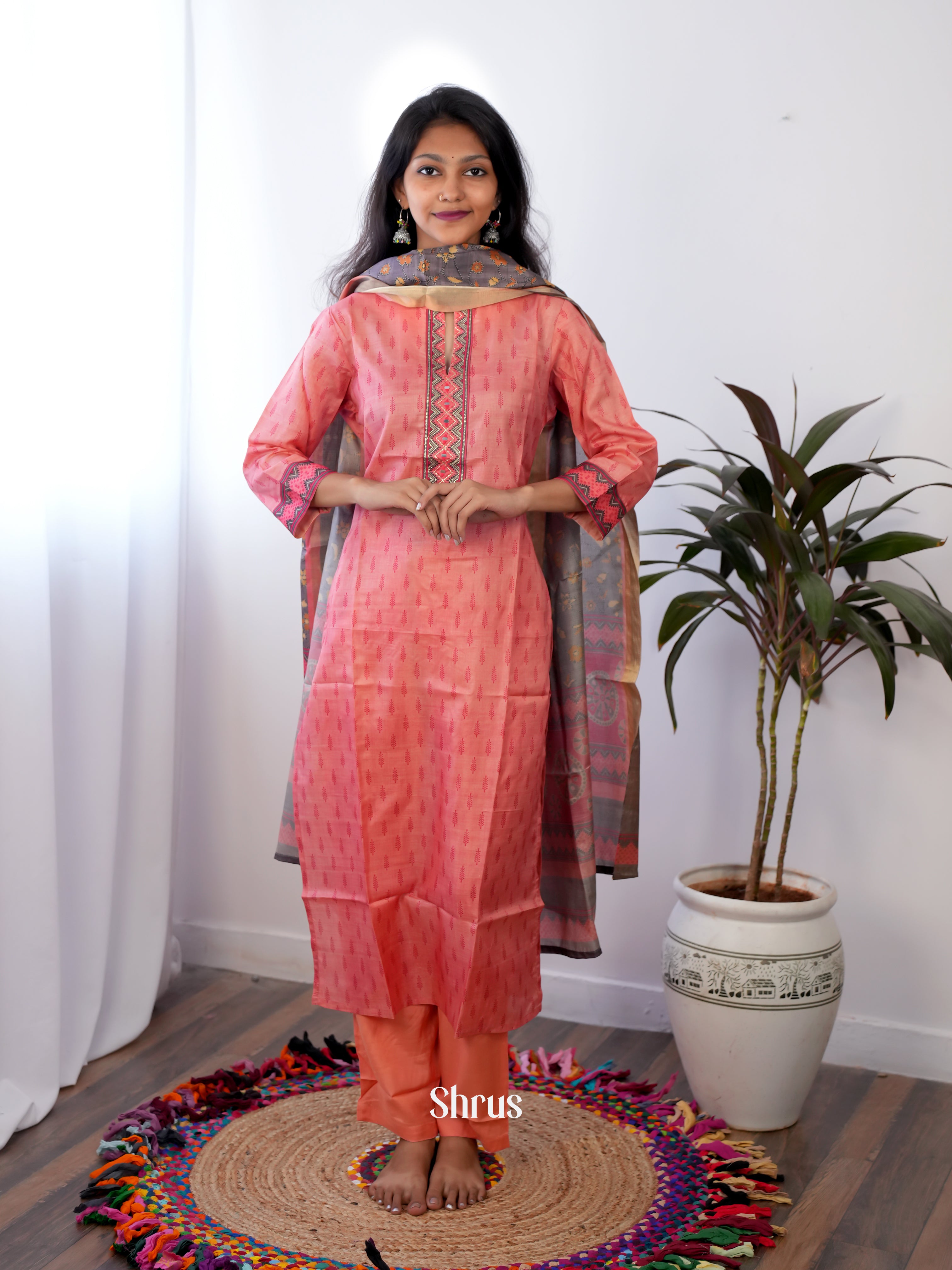 Peachish Pink & Grey- 3pc Readymade Suits - Shop on ShrusEternity.com