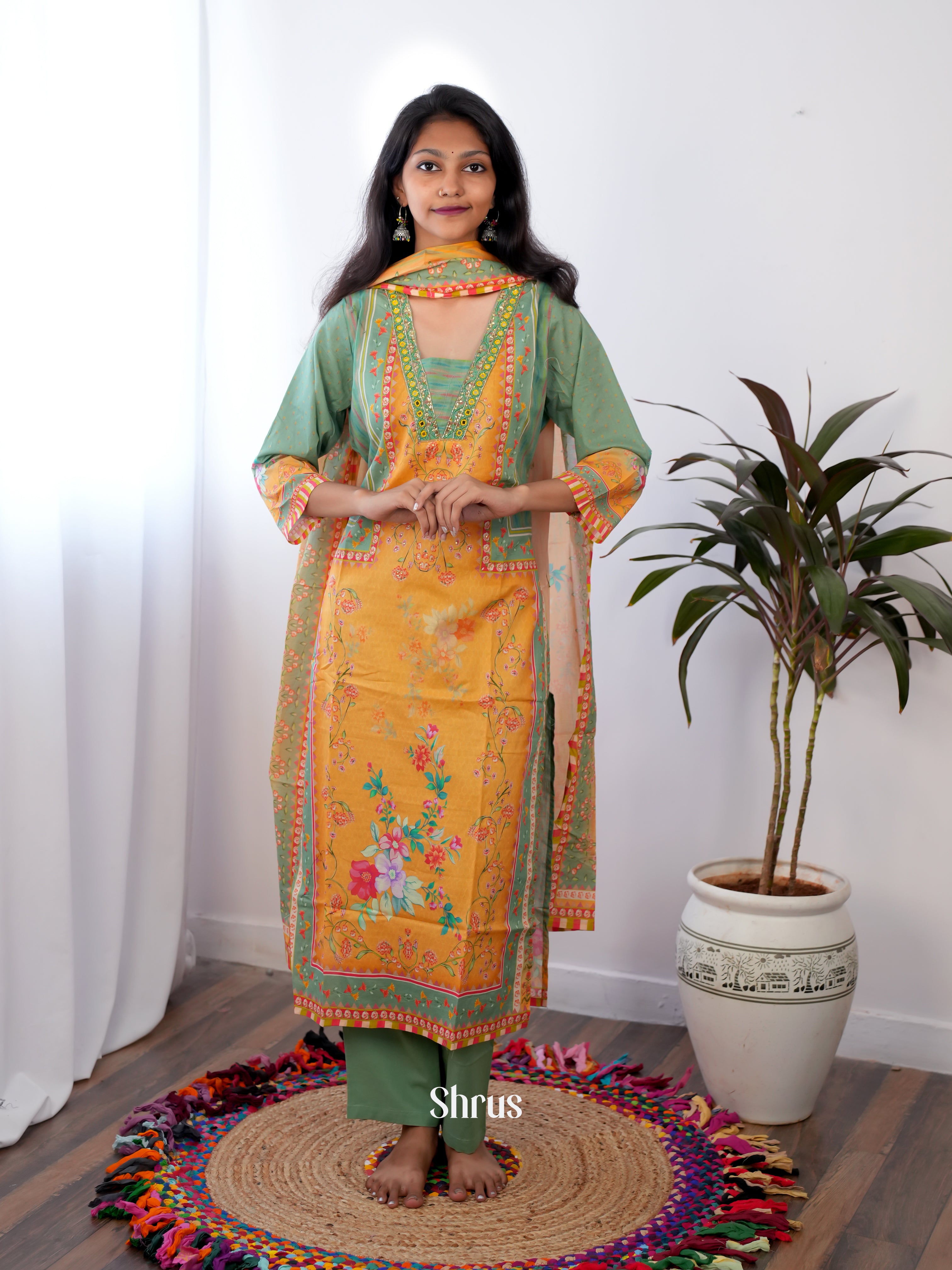 Green & Orange - 3pc Readymade Suits - Shop on ShrusEternity.com
