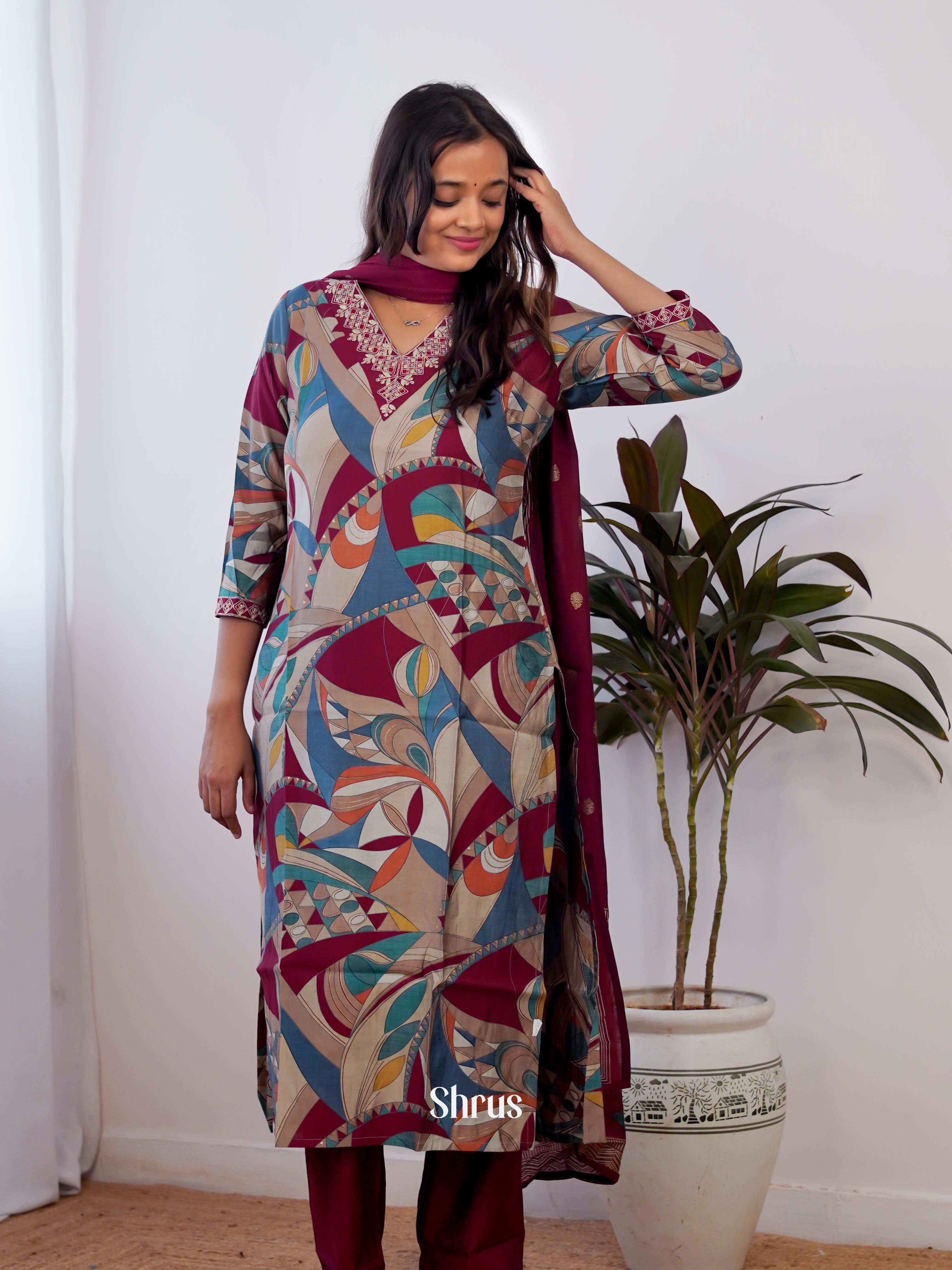 Grey & Maroon -3pc Readymade Suits - Shop on ShrusEternity.com