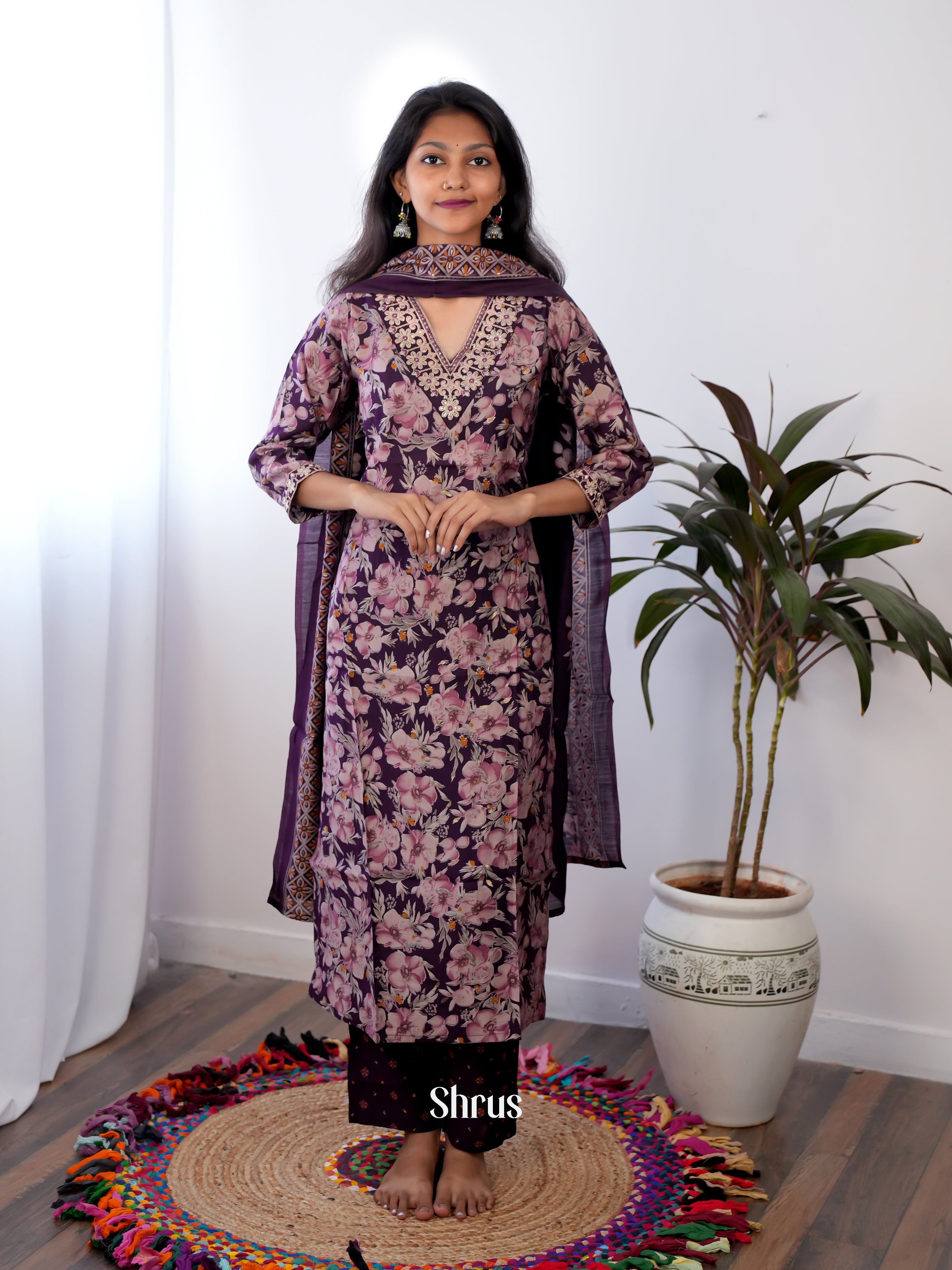 Purple - 3pc floral printed Readymade Suits - Shop on ShrusEternity.com
