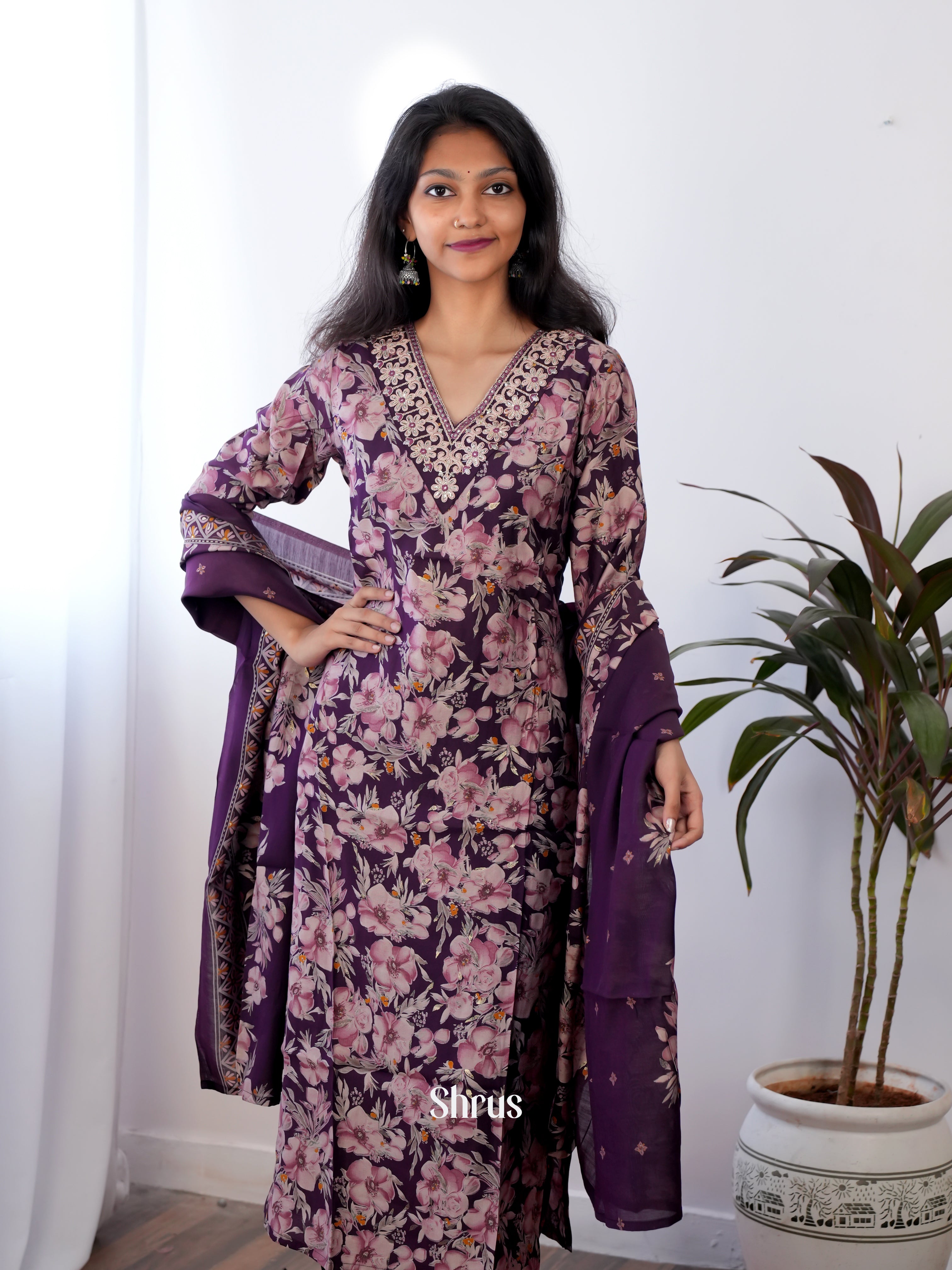 Purple - 3pc floral printed Readymade Suits - Shop on ShrusEternity.com