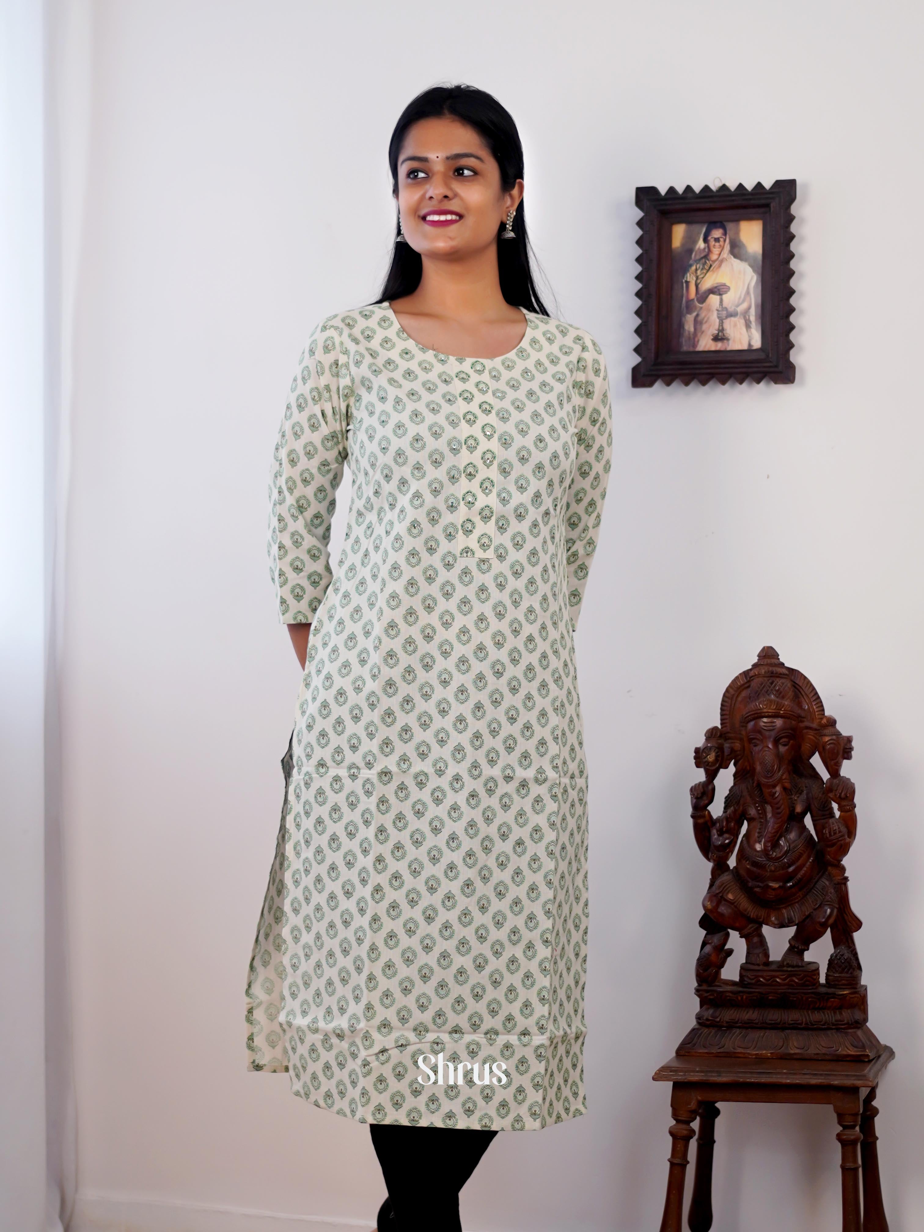 Cream & Green- Readymade kurti - Shop on ShrusEternity.com
