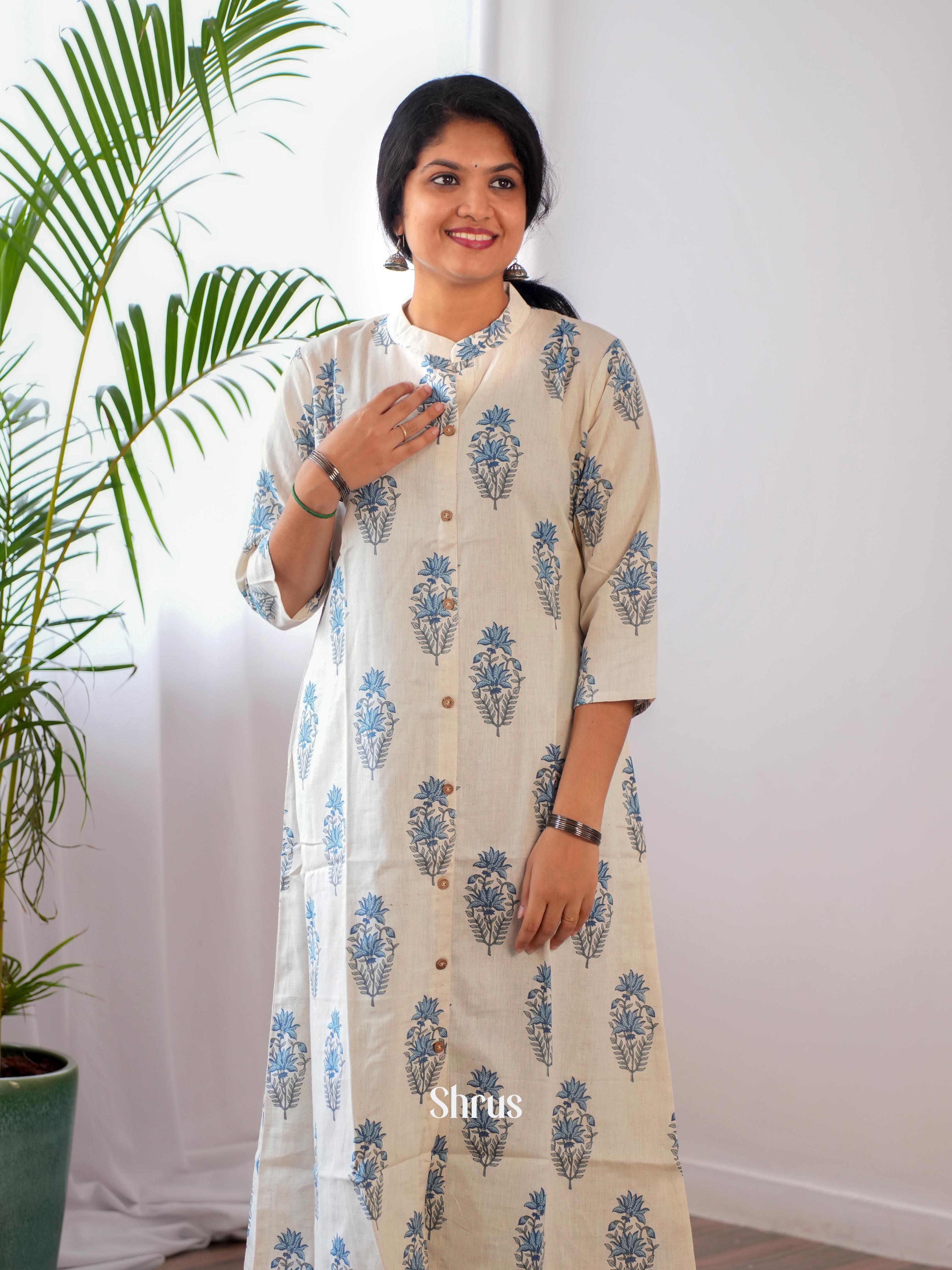Cream & Blue - Readymade Kurti - Shop on ShrusEternity.com