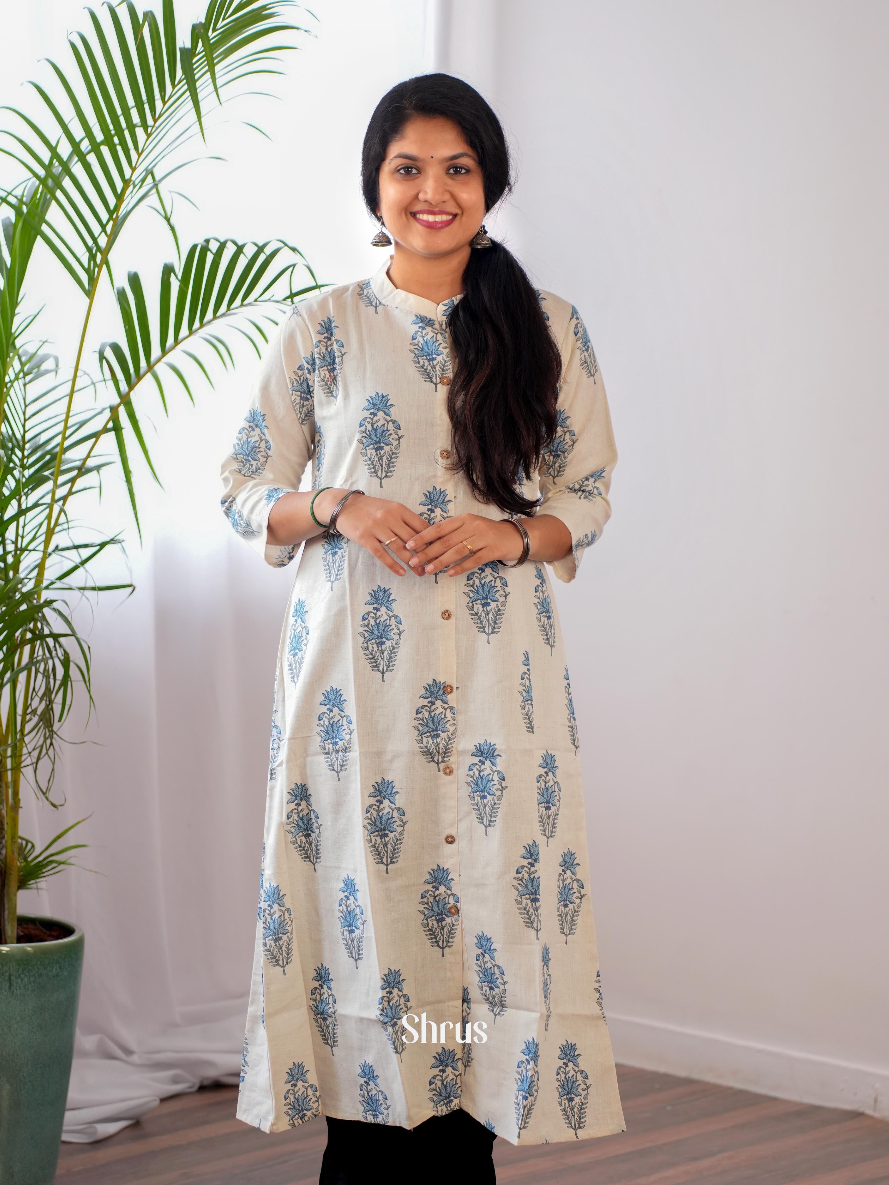Cream & Blue - Readymade Kurti - Shop on ShrusEternity.com