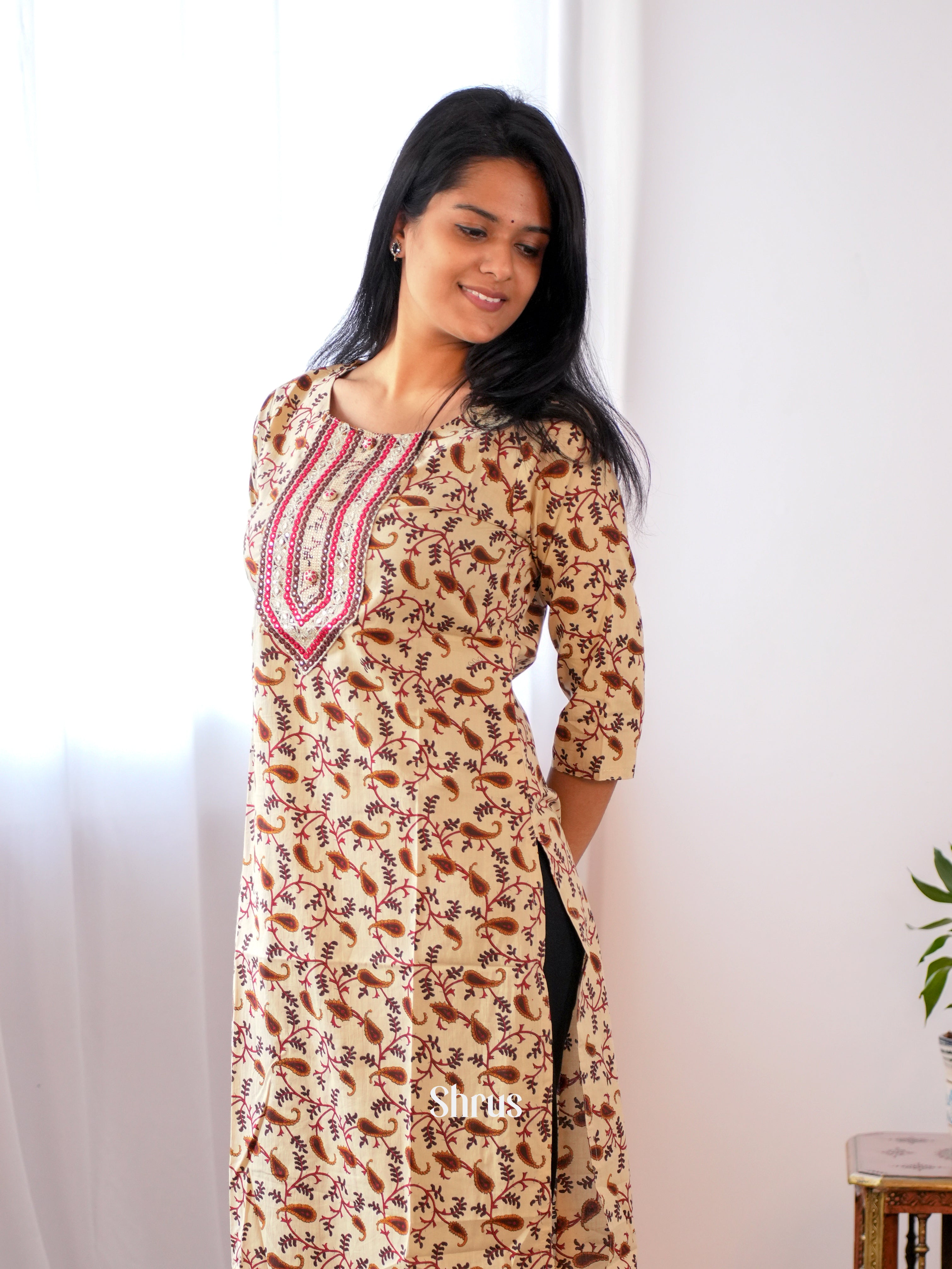 Beige & Maroon - Readymade Kurti - Shop on ShrusEternity.com