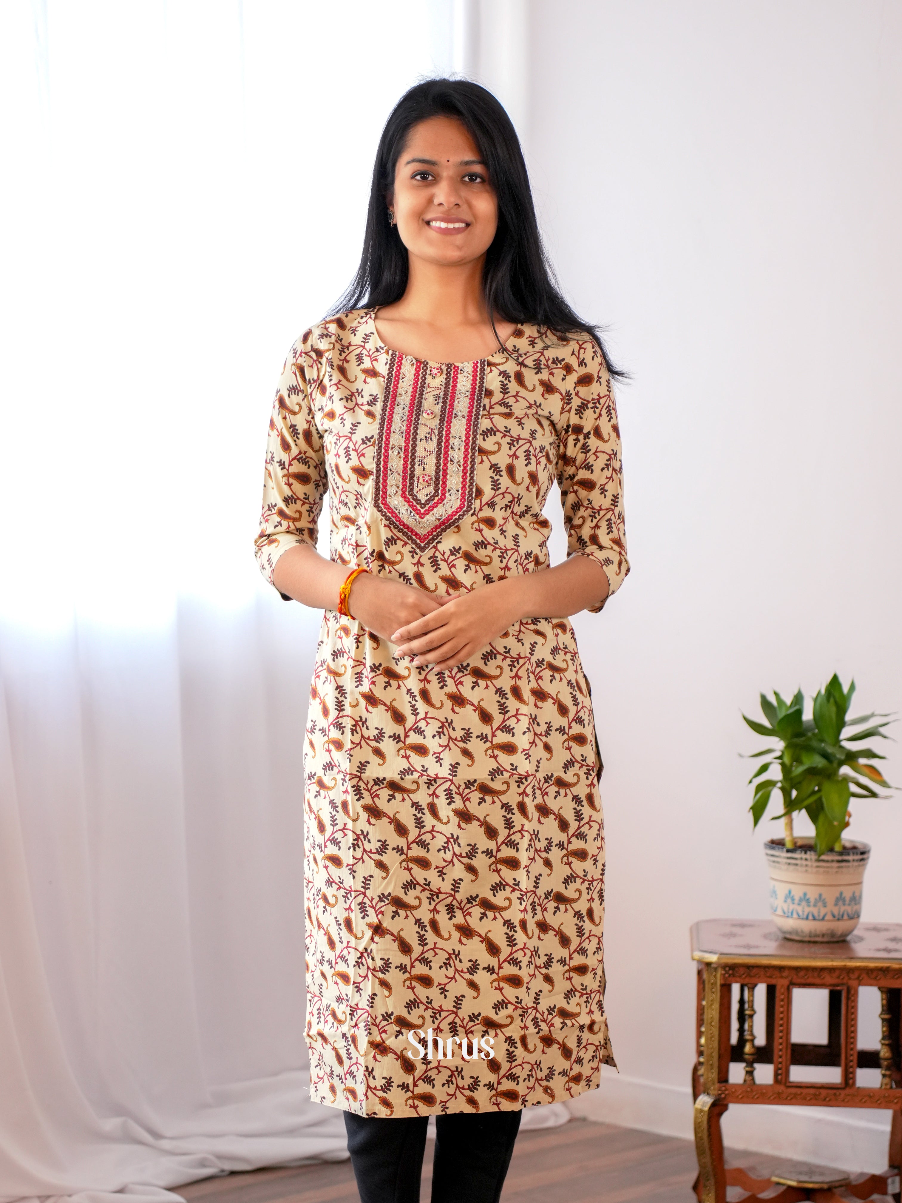 Beige & Maroon - Readymade Kurti - Shop on ShrusEternity.com