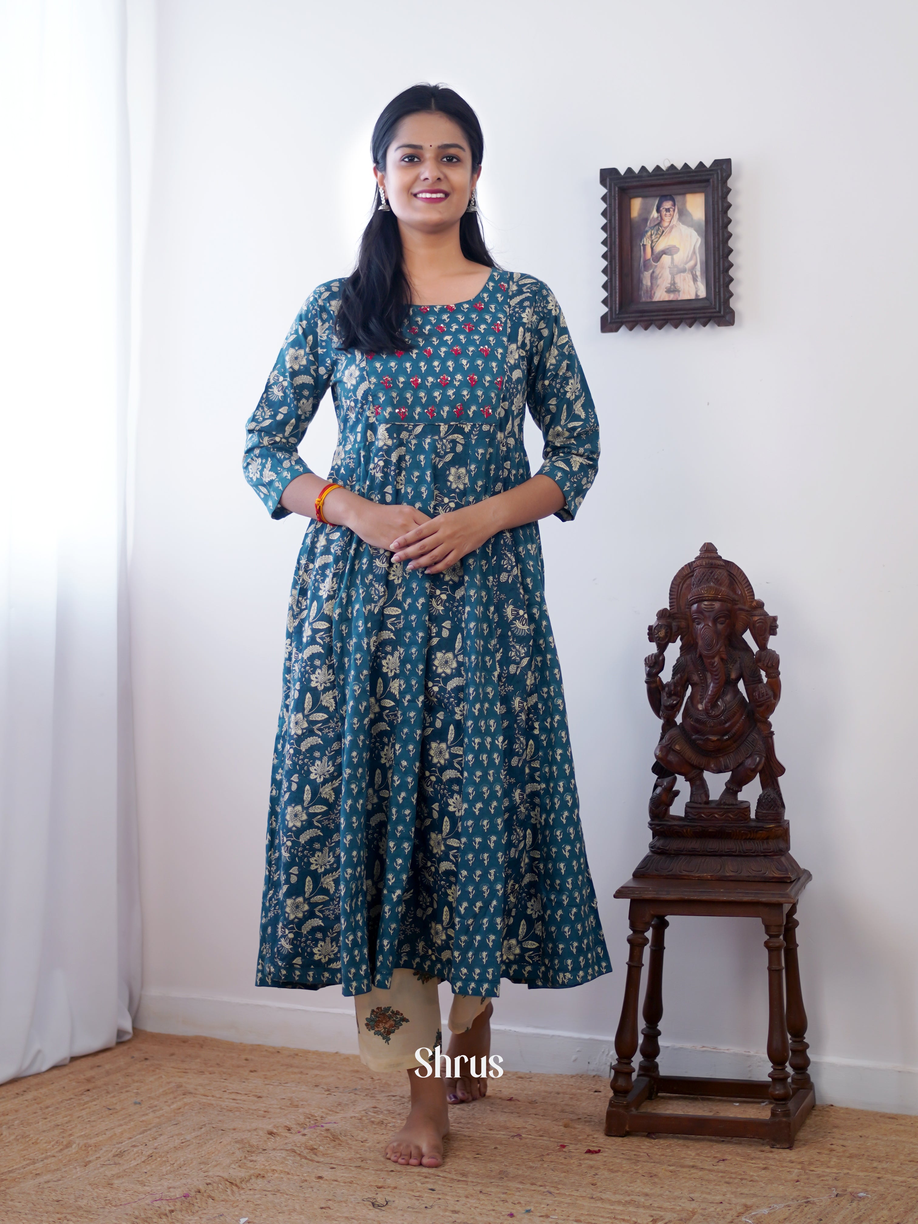 Blue - Anarkali printed Readymade Kurti - Shop on ShrusEternity.com