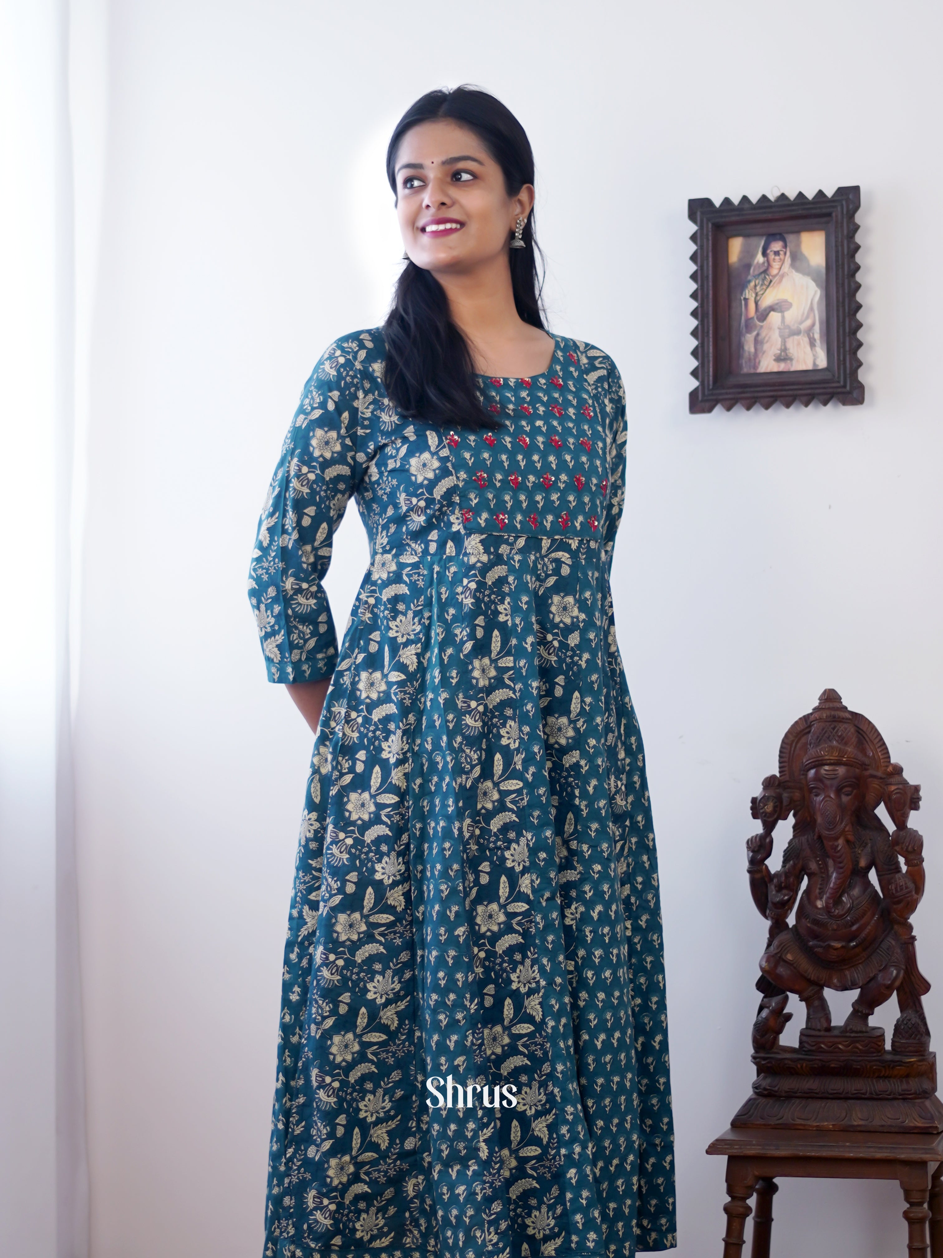 Blue - Anarkali printed Readymade Kurti - Shop on ShrusEternity.com