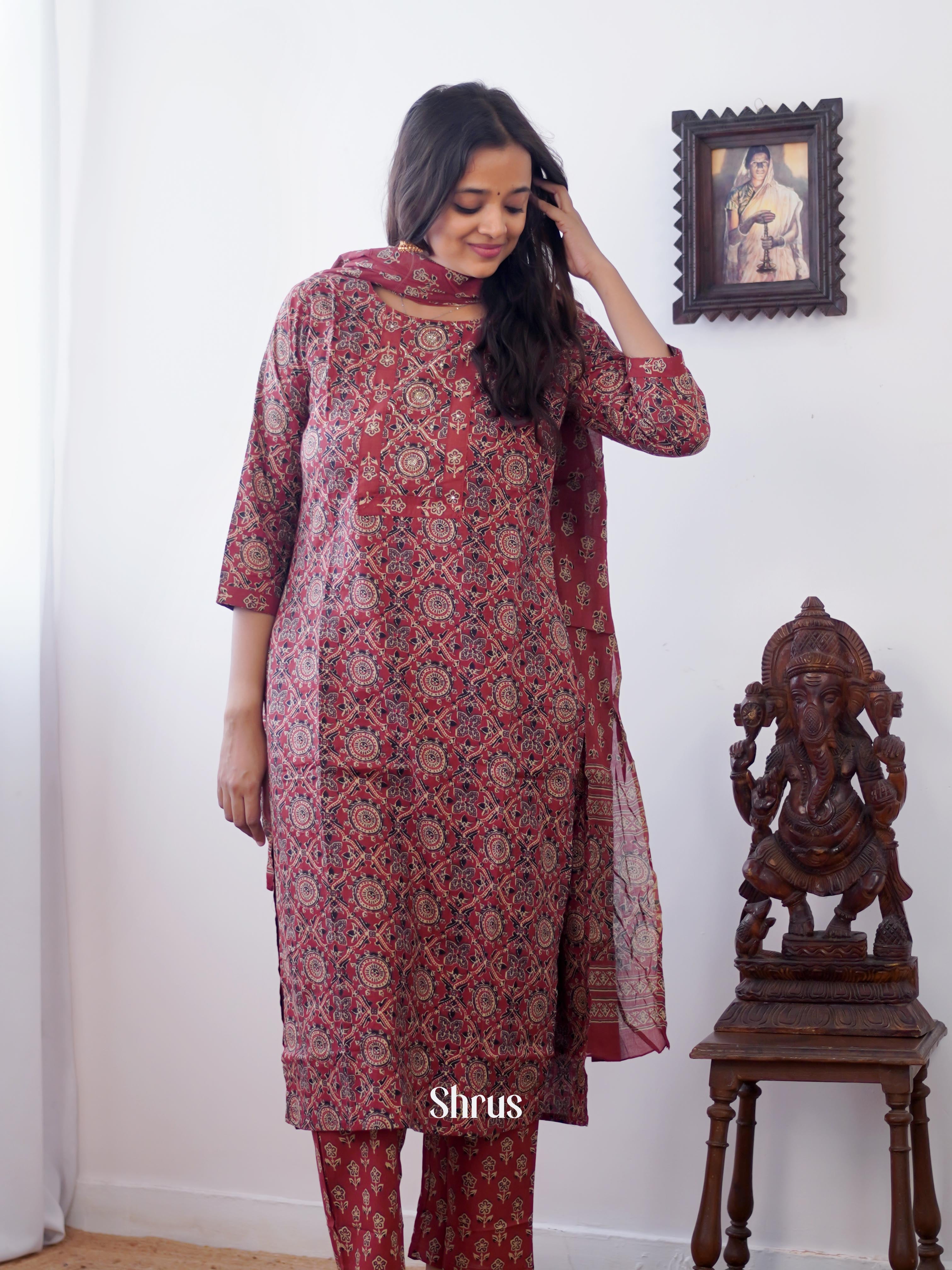 Maroon - 3pc ajrakh printed Readymade Suits - Shop on ShrusEternity.com