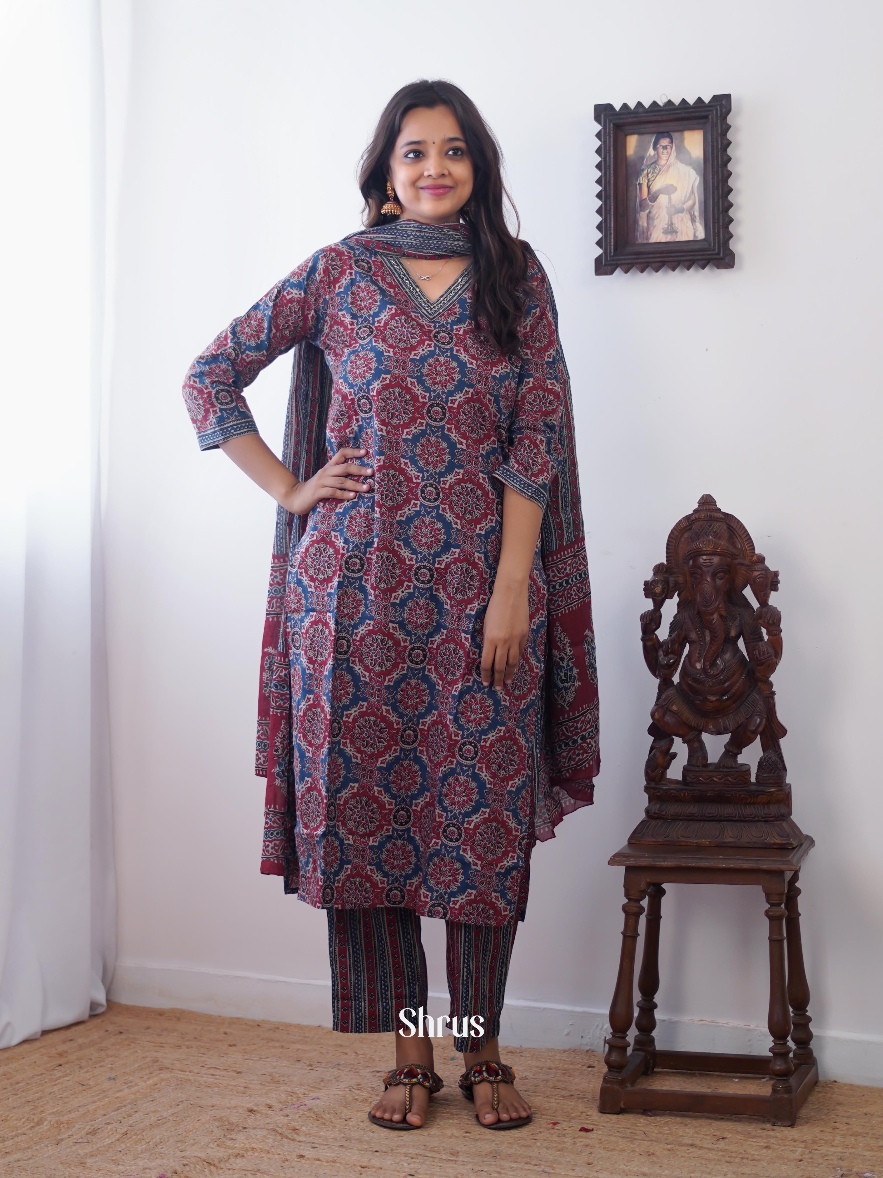Blue - 3pc Ajrakh Printed Readymade Suits - Shop on ShrusEternity.com