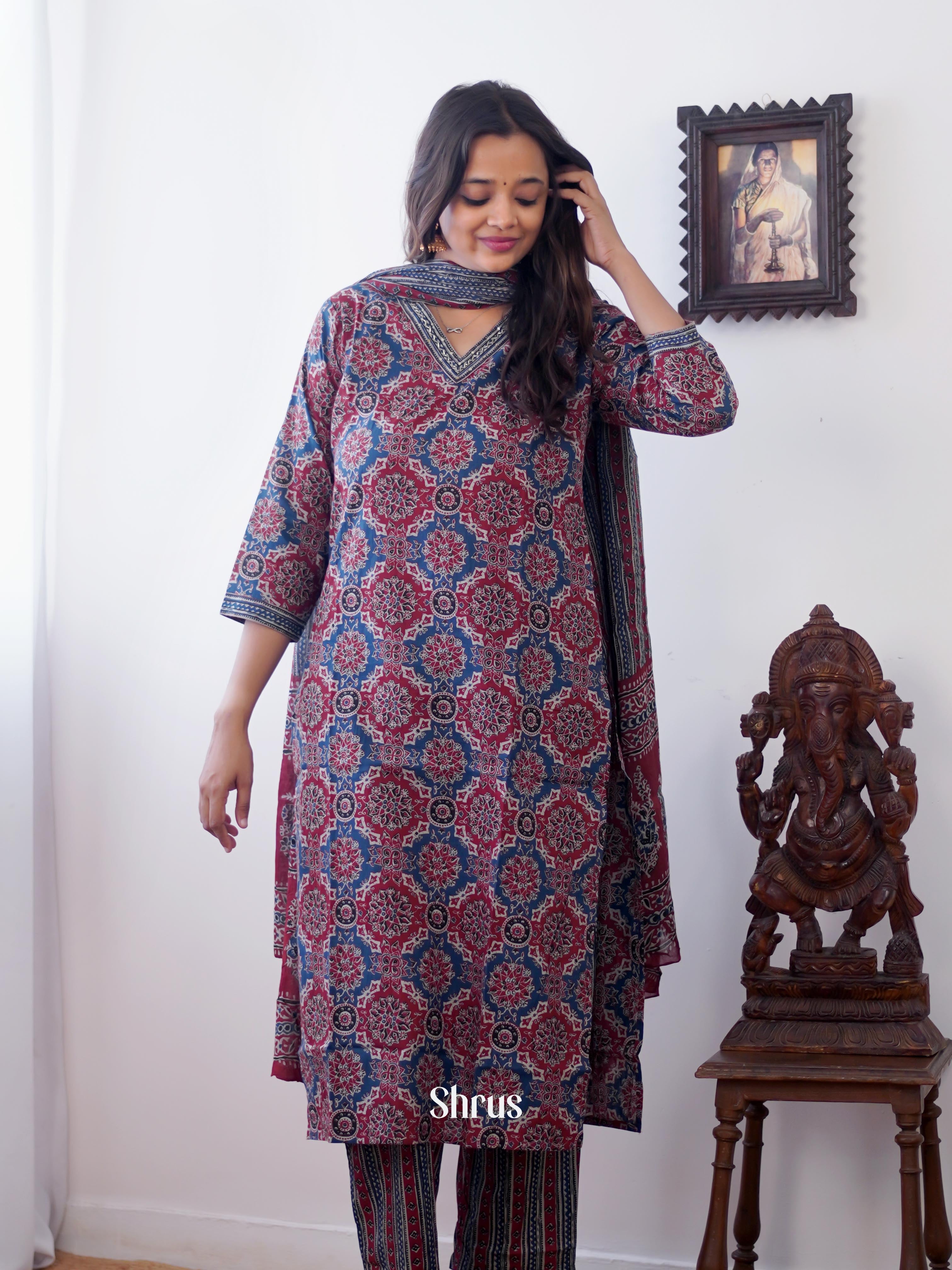Blue - 3pc Ajrakh Printed Readymade Suits - Shop on ShrusEternity.com