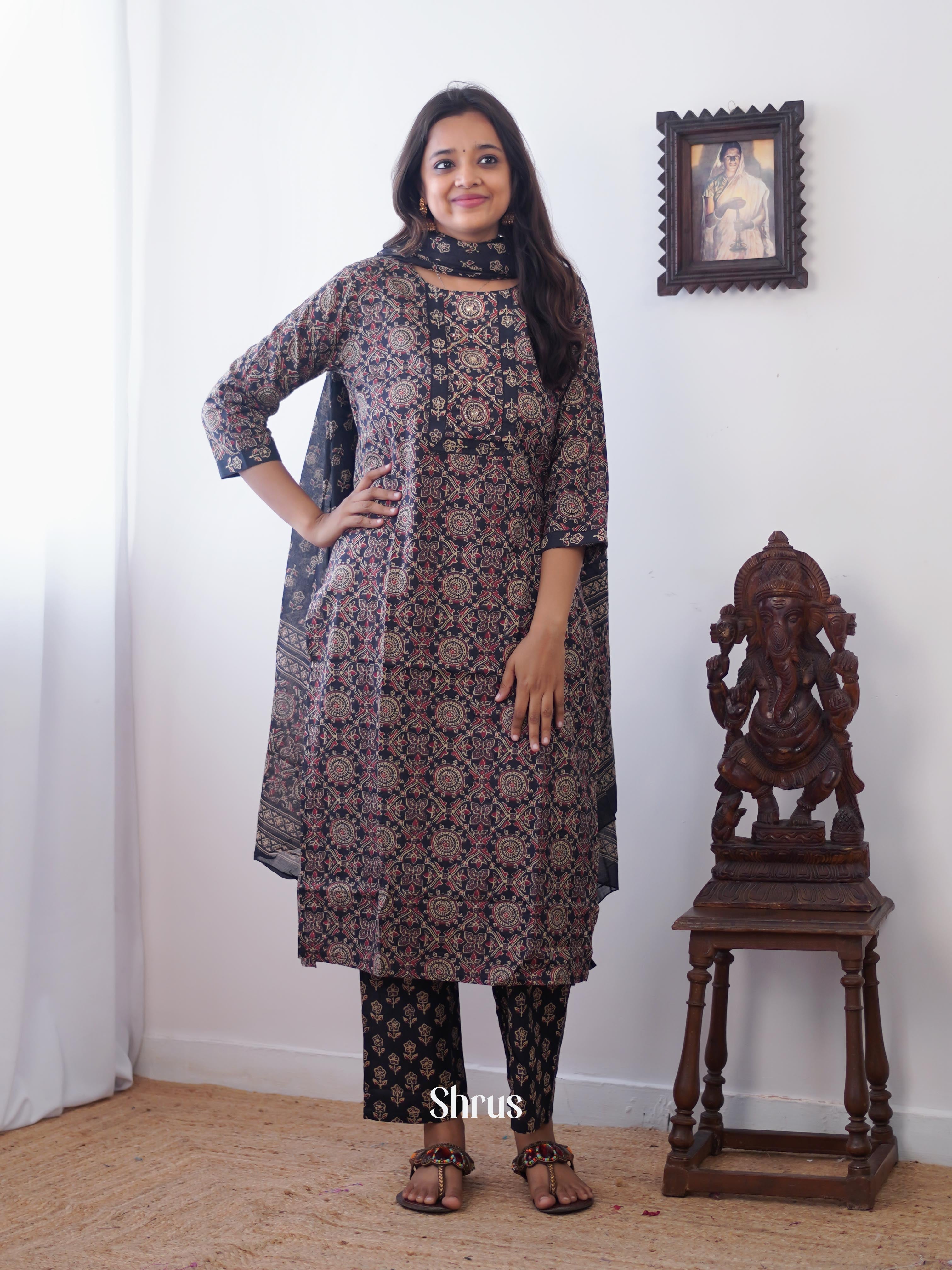 Brown - 3pc ajrakh printed Readymade Suits - Shop on ShrusEternity.com