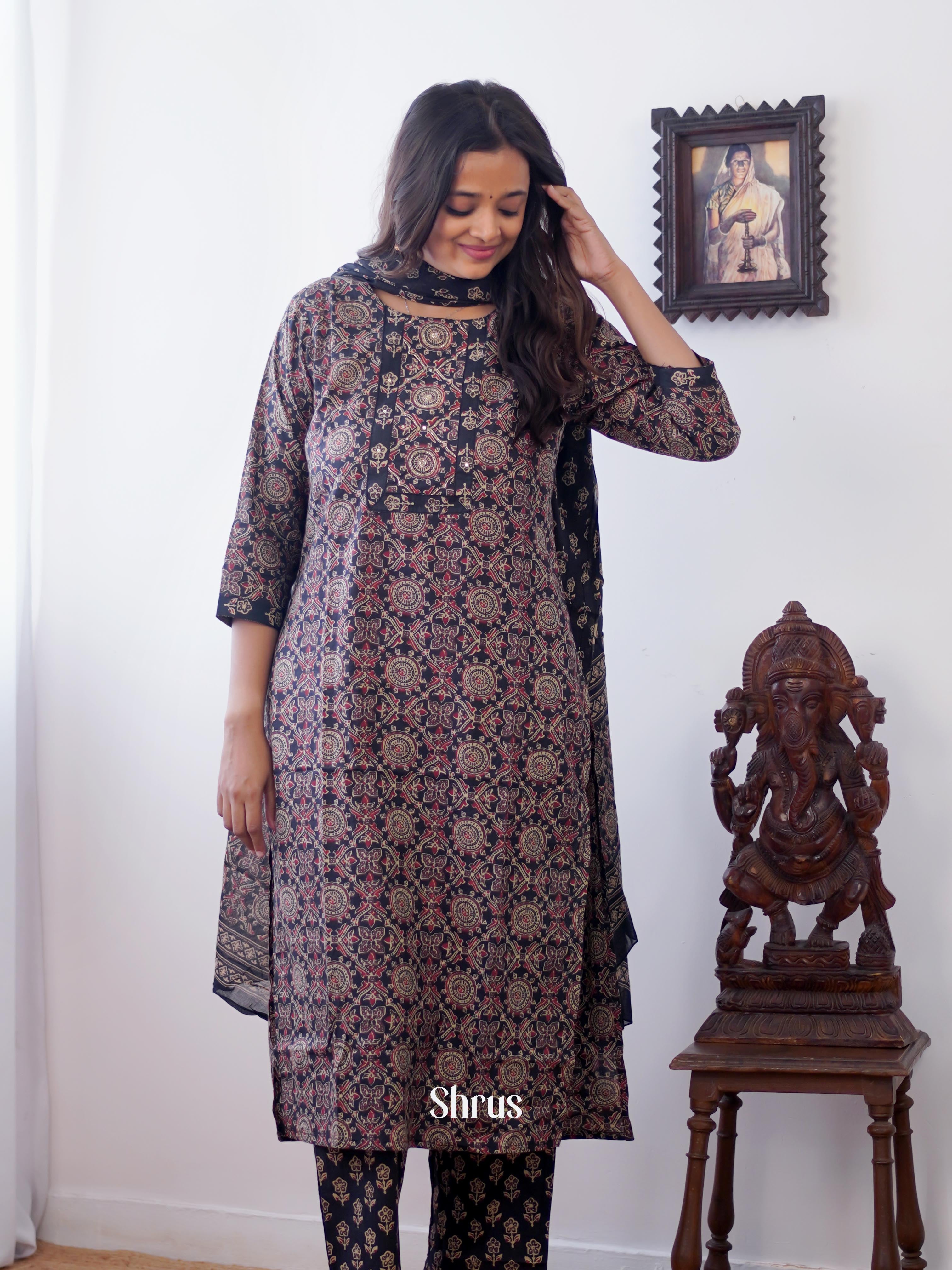 Brown - 3pc ajrakh printed Readymade Suits - Shop on ShrusEternity.com