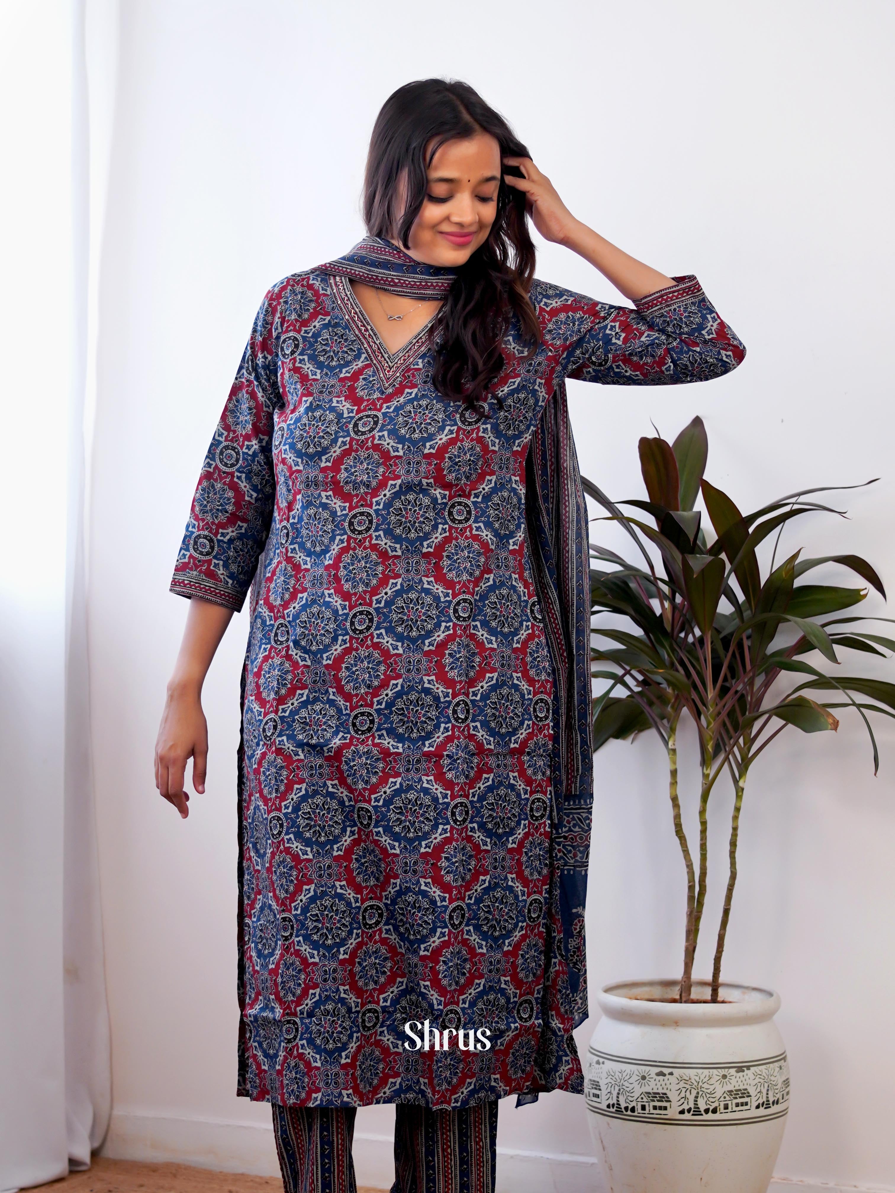 Blue & Maroon - 3pc Printed Readymade Suits - Shop on ShrusEternity.com