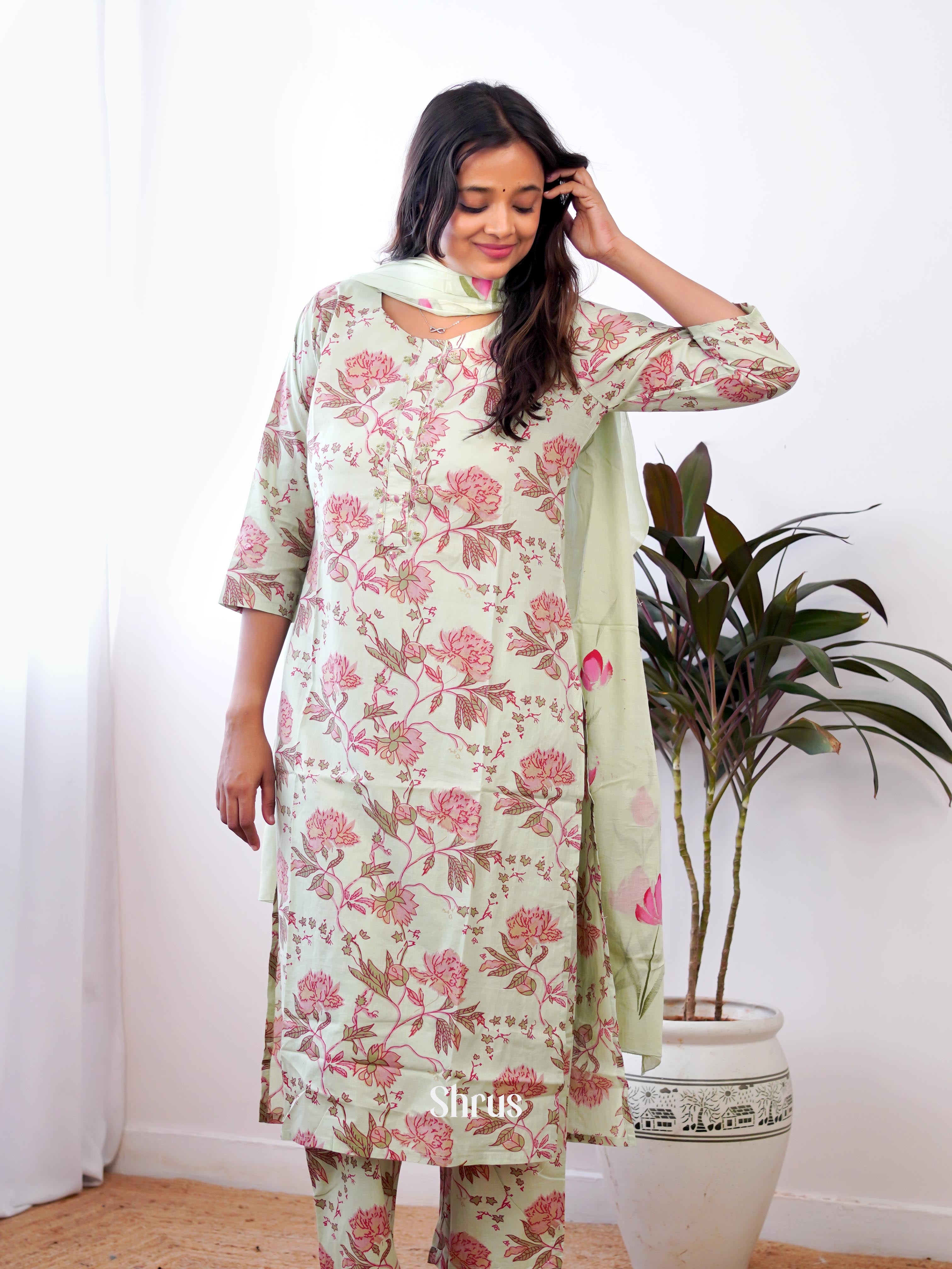 Pastel Green & Pink - 3pc Readymade Suits - Shop on ShrusEternity.com