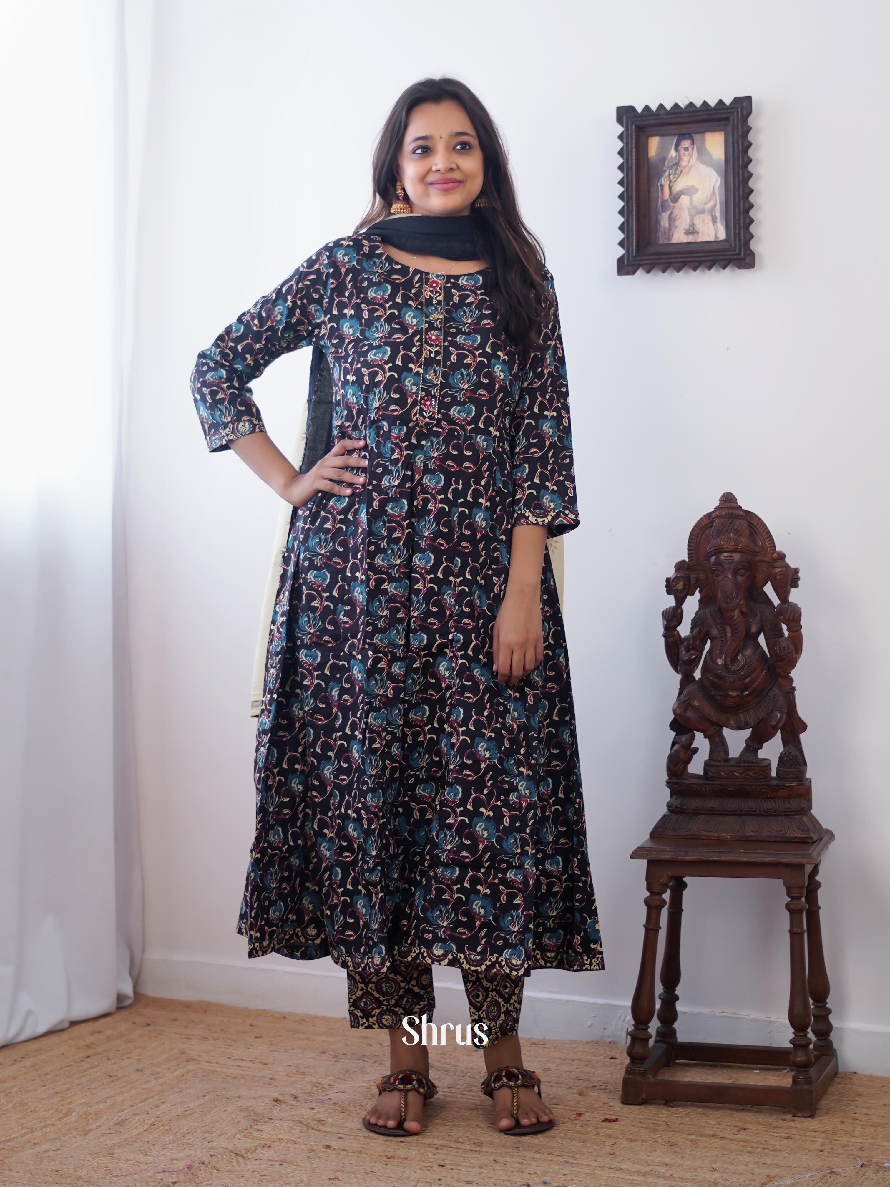Black & Blue -3pc printed anarkali Readymade Suits - Shop on ShrusEternity.com