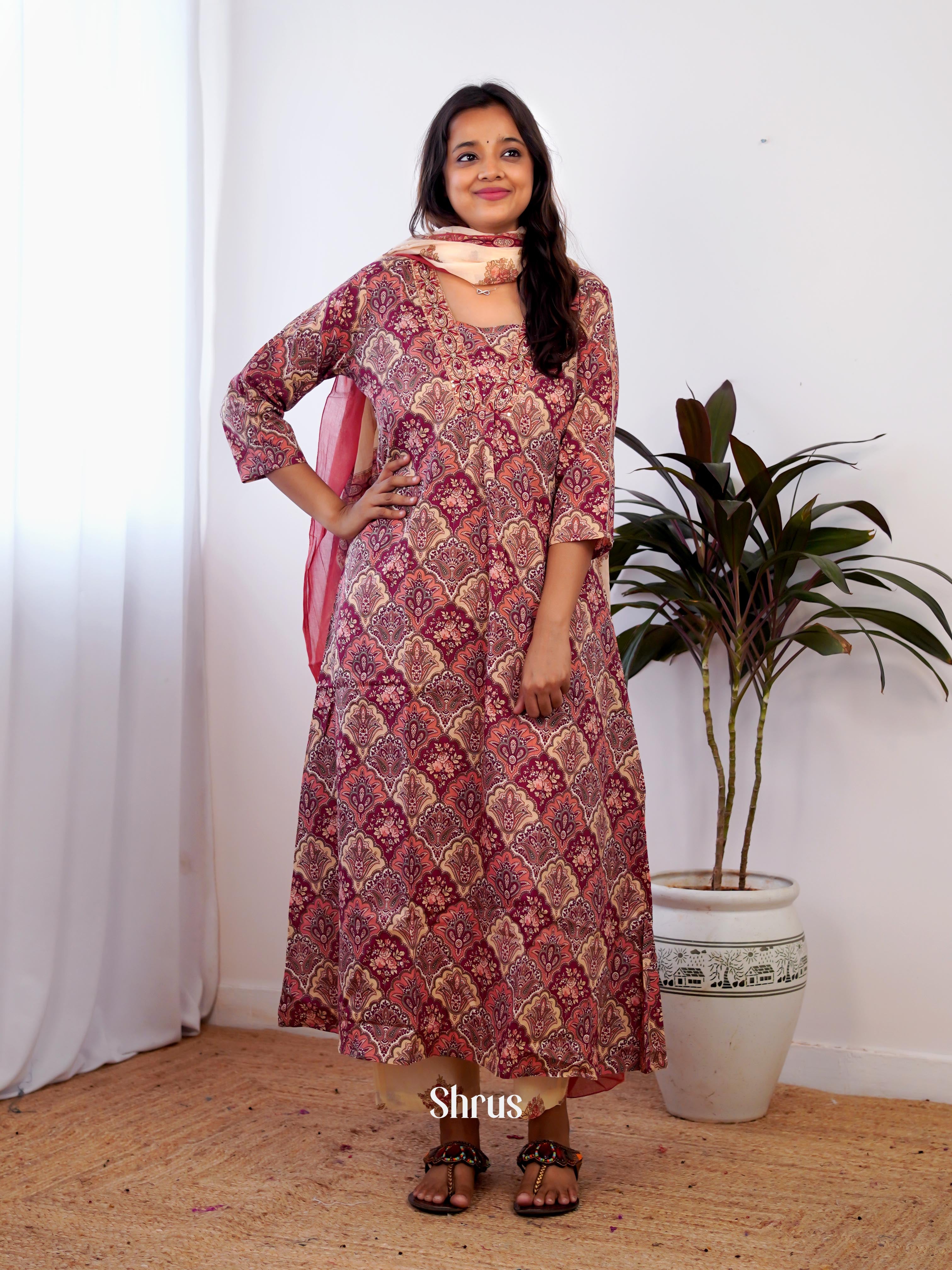Maroon -3pc Ajrakh block printed Readymade Suits - Shop on ShrusEternity.com