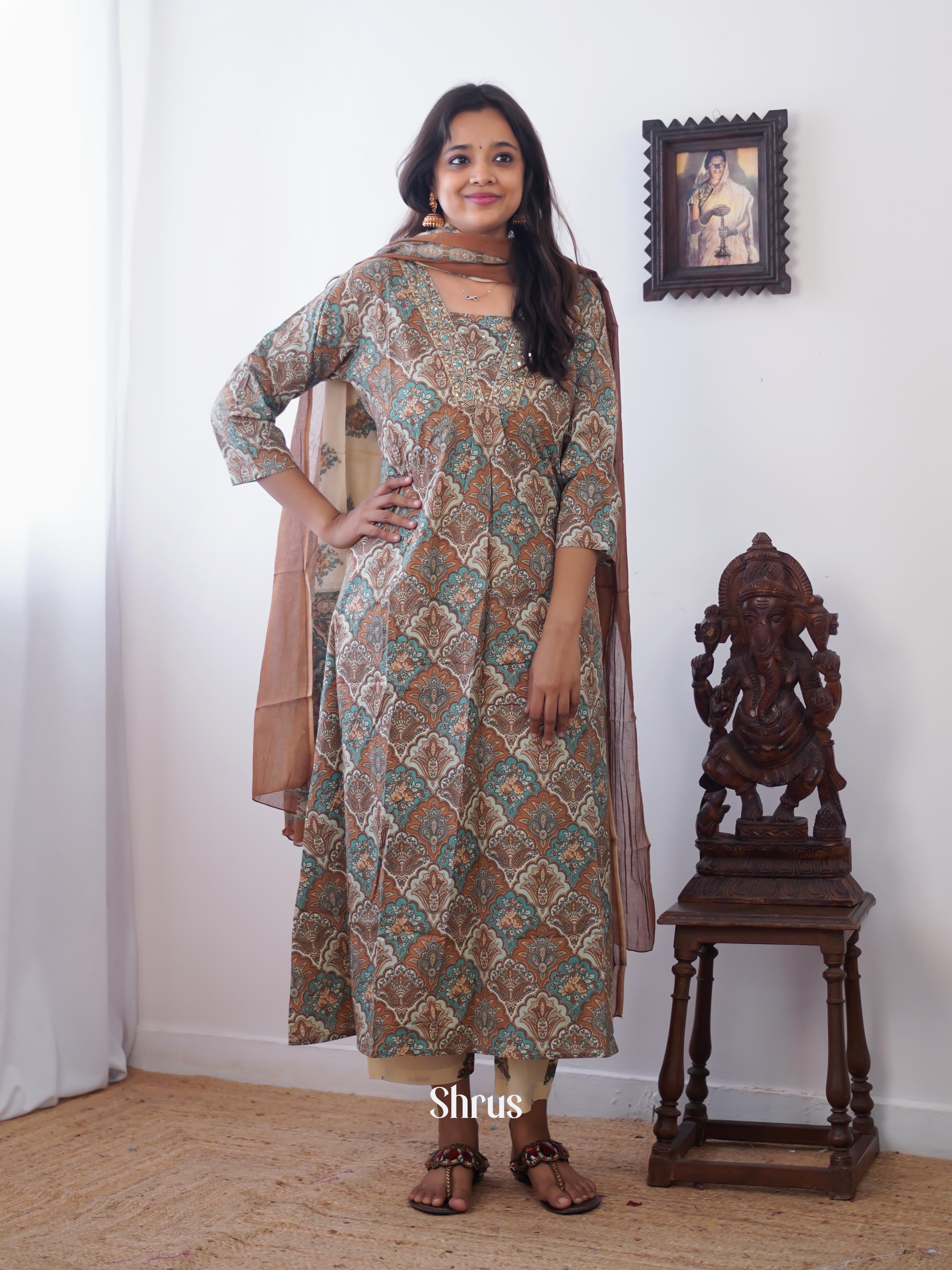 Grey & Brown - 3pc ajrakh printed Readymade Suits - Shop on ShrusEternity.com
