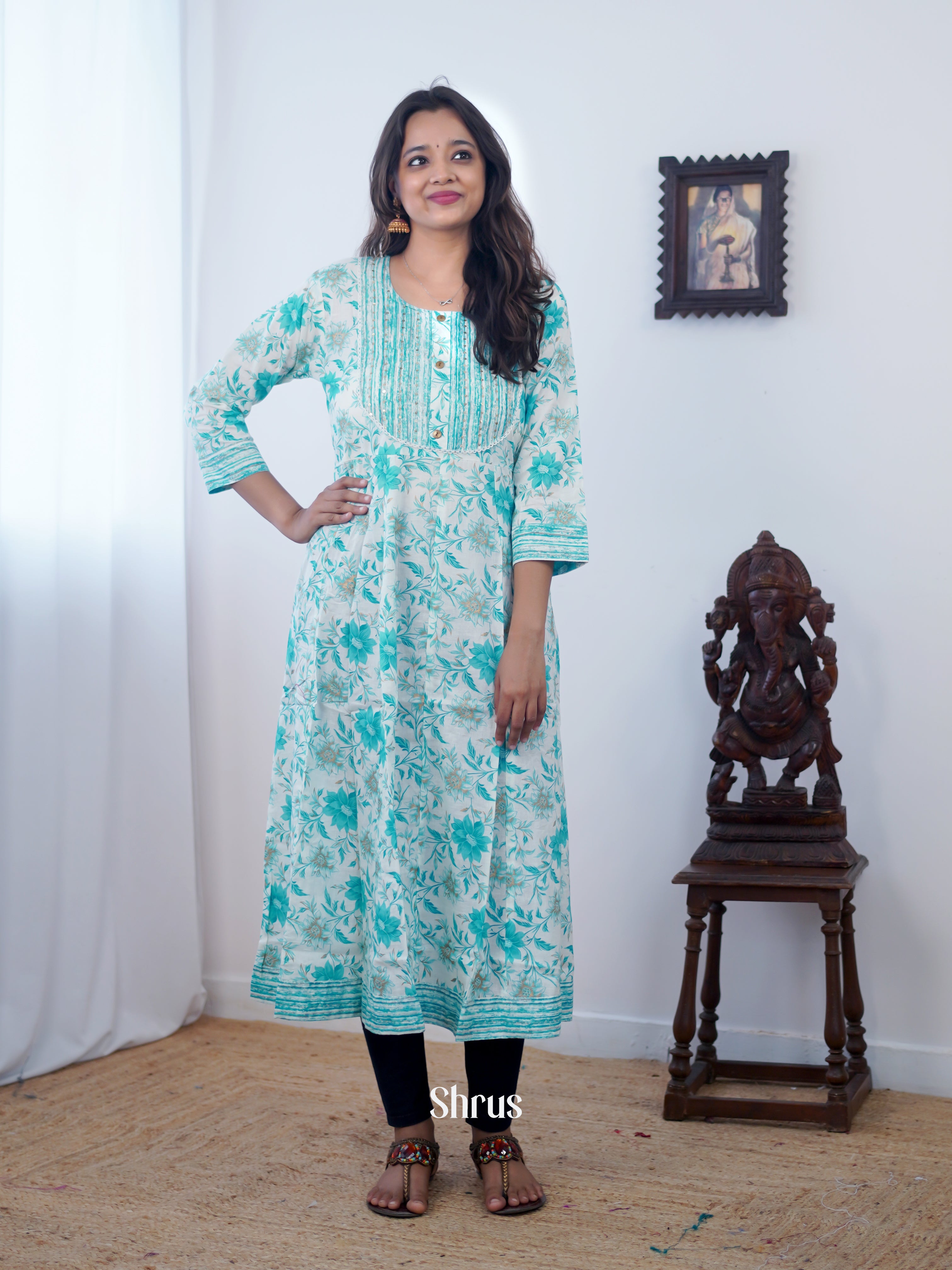 Cream & Blue - Readymade Kurti - Shop on ShrusEternity.com