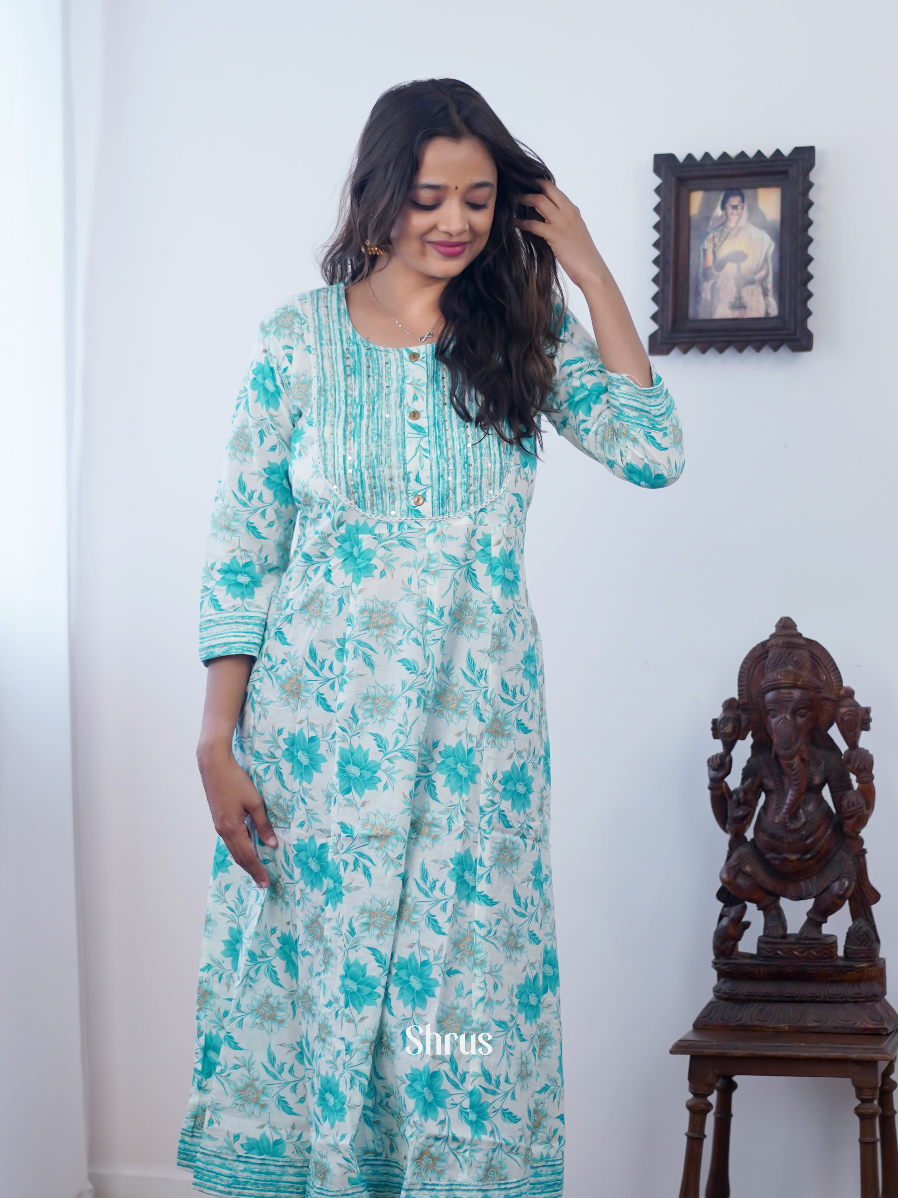 Cream & Blue - Readymade Kurti - Shop on ShrusEternity.com