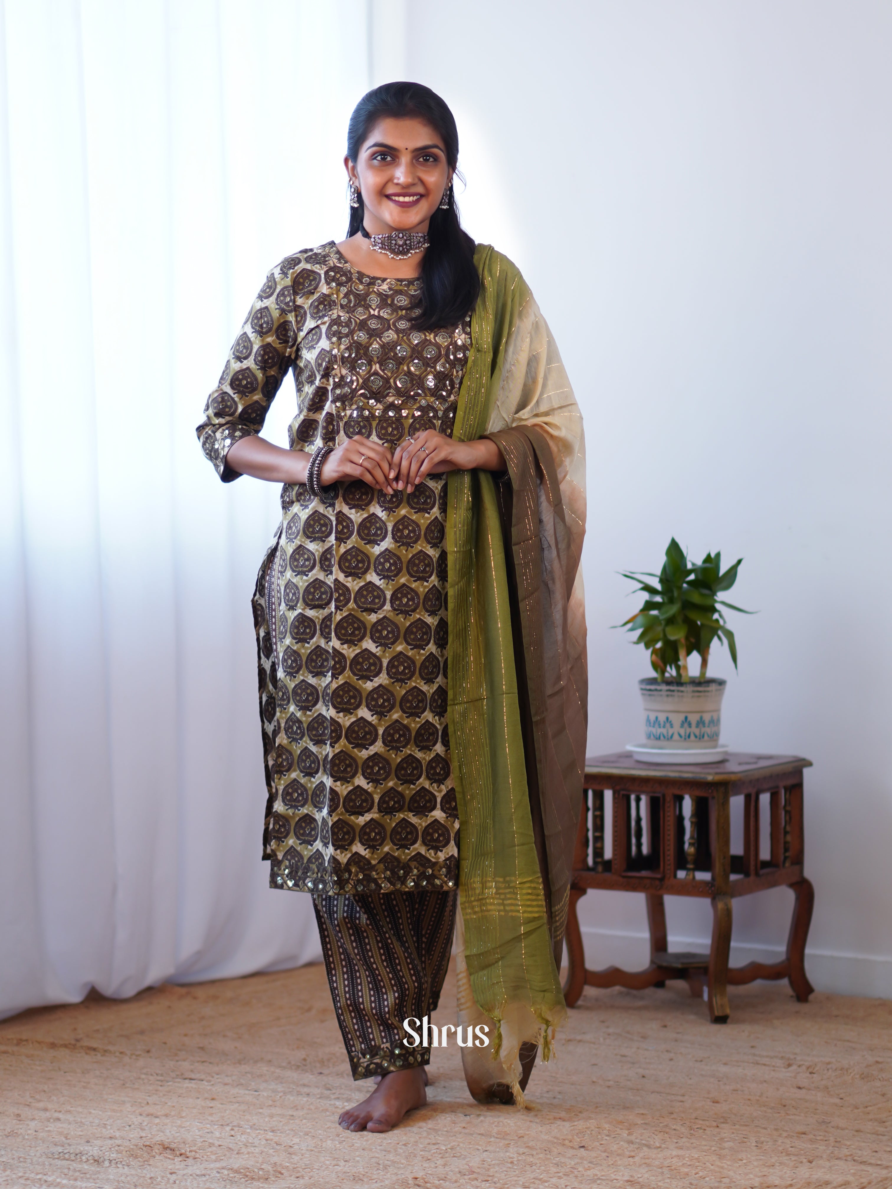 Brown & Cream- 3pc Readymade Suits - Shop on ShrusEternity.com