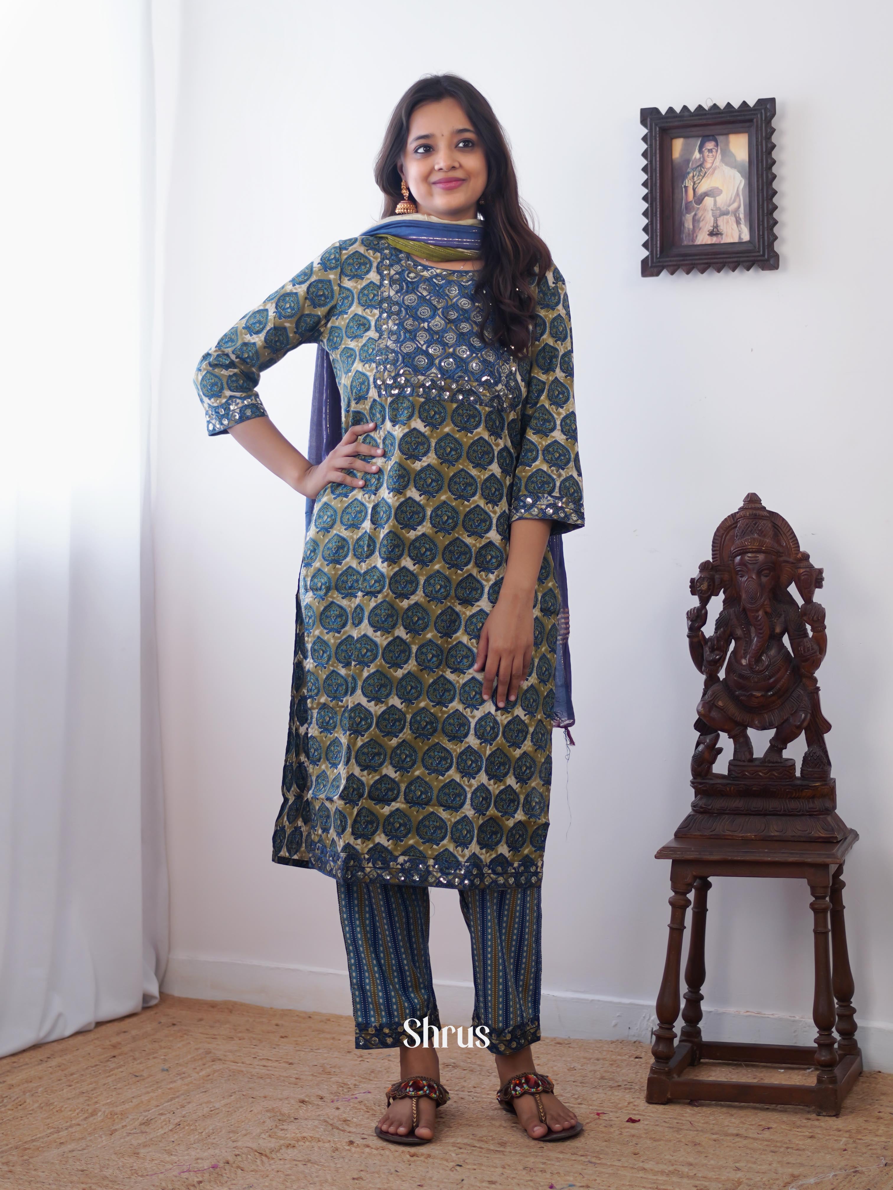 Blue & Green -3pc printed Readymade Suits - Shop on ShrusEternity.com