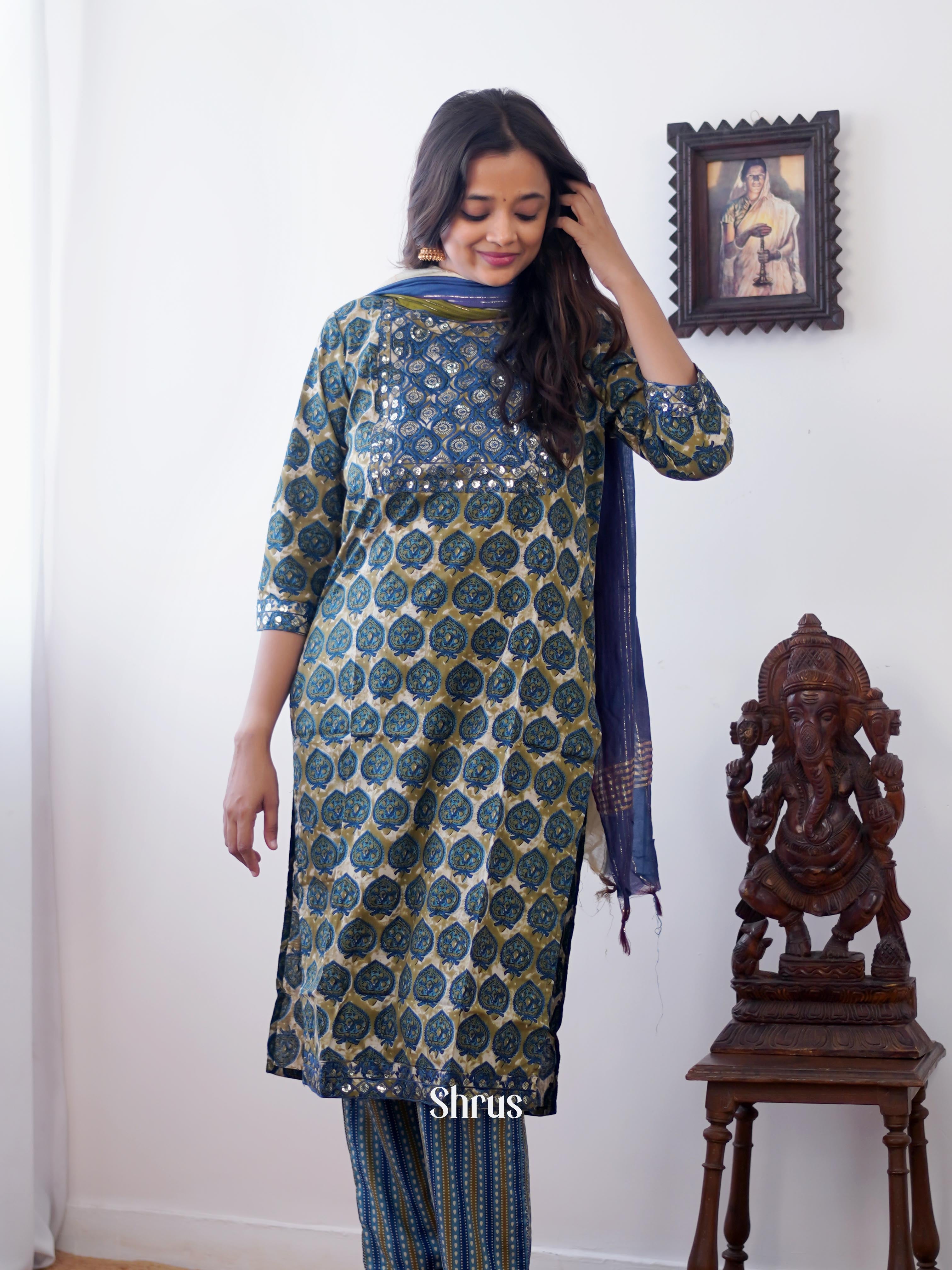 Blue & Green -3pc printed Readymade Suits - Shop on ShrusEternity.com